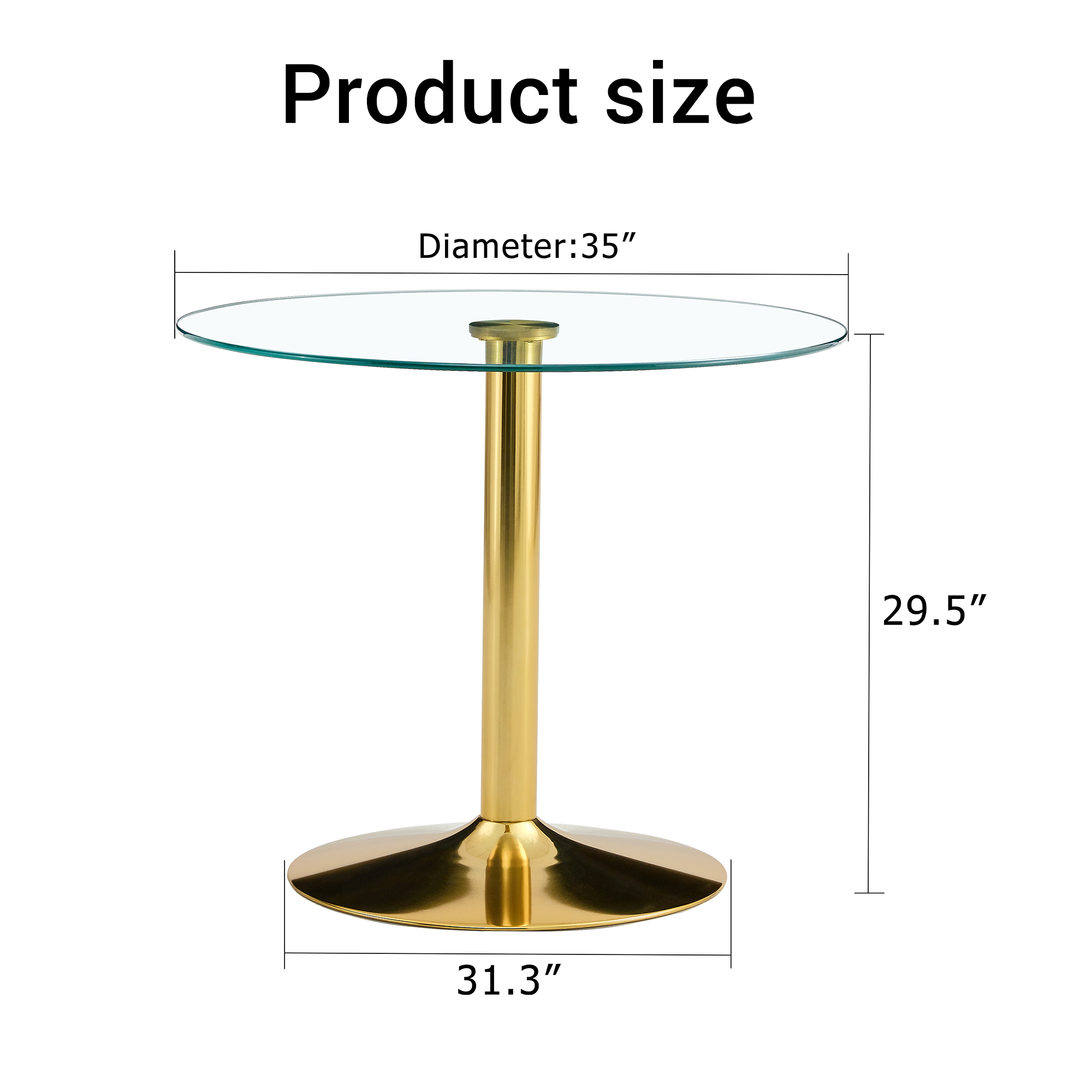 A 35-inch diameter glass top and a modern, minimalist round dining table with gold metal legs. Ideal for dining rooms, living rooms and meeting rooms. Model: DT-1166