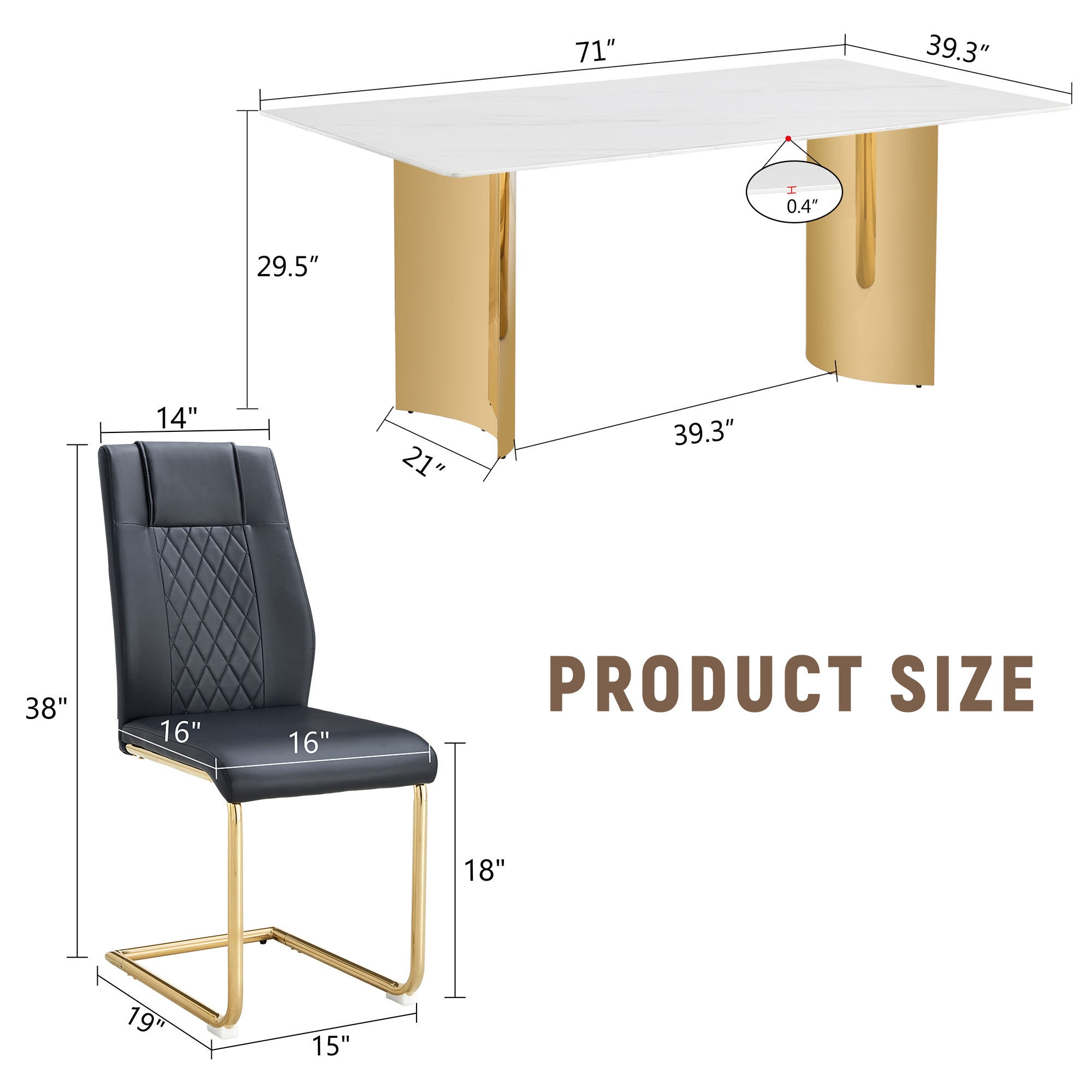 Table and chair set.The table has a glass tabletop with imitation marble pattern stickers and stainless steel golden table legs. Paried with comfortable chairs with PU seats and metal legs.