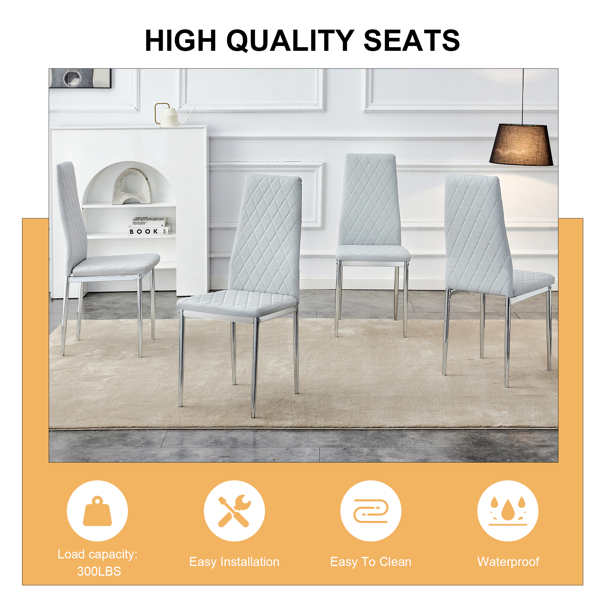 Grid armless high backrest dining chair, 6-piece set, office chair. Suitable for restaurants, living rooms, kitchens, and offices. Light gray chairs and electroplated metal legs  0924