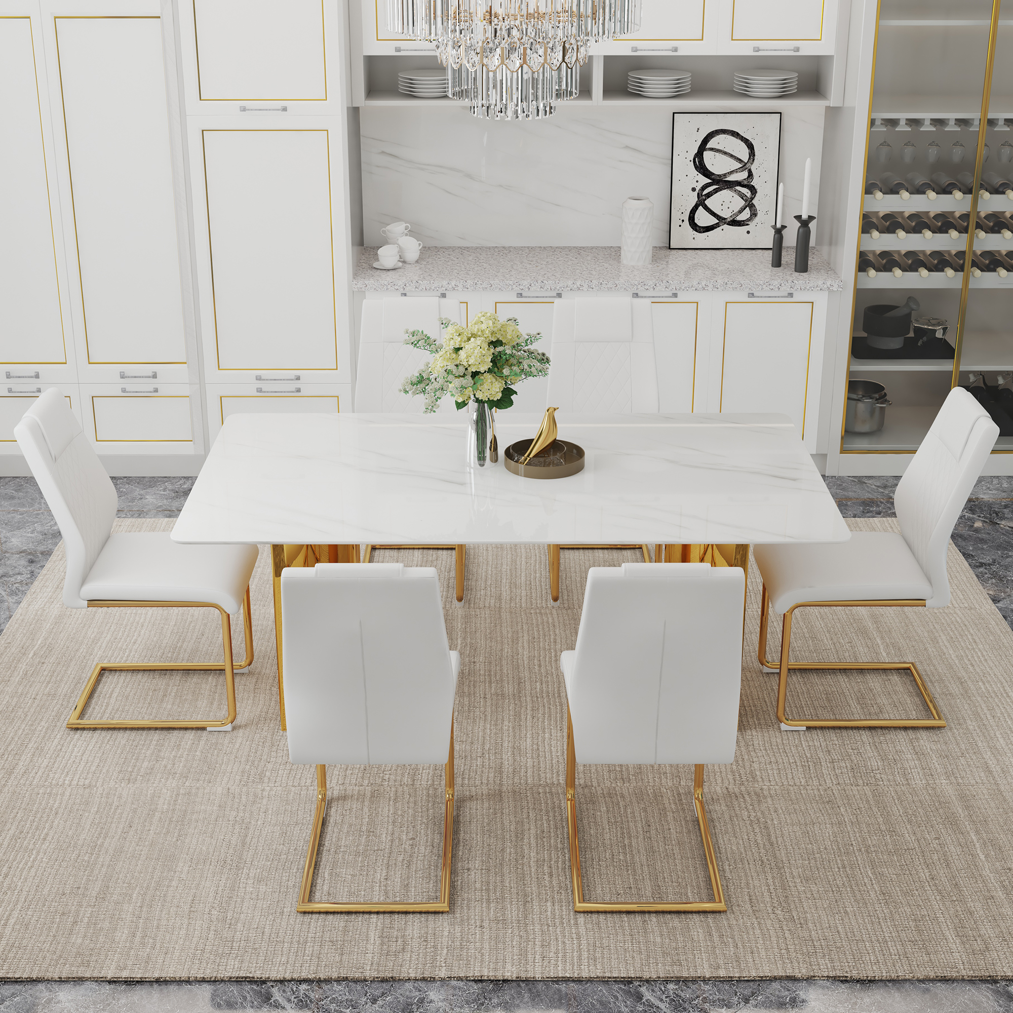 Table and chair set.The table has a glass tabletop with imitation marble pattern stickers and stainless steel golden table legs. Paried with comfortable chairs with PU seats and metal legs.