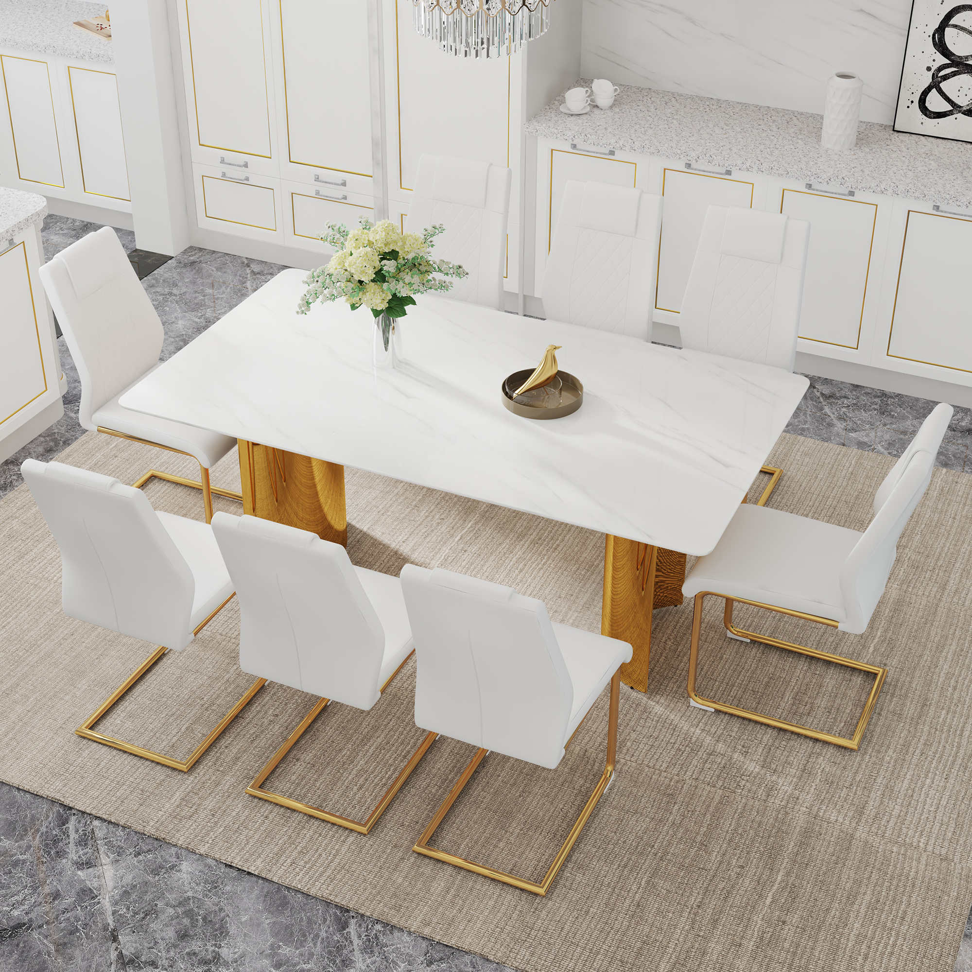 Table and chair set.The table has a glass tabletop with imitation marble pattern stickers and stainless steel golden table legs. Paried with comfortable chairs with PU seats and metal legs.