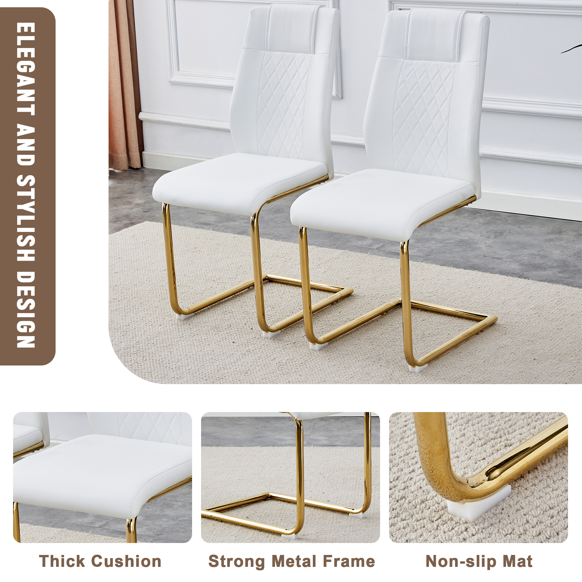 Table and chair set.The table has a glass tabletop with imitation marble pattern stickers and stainless steel golden table legs. Paried with comfortable chairs with PU seats and metal legs.