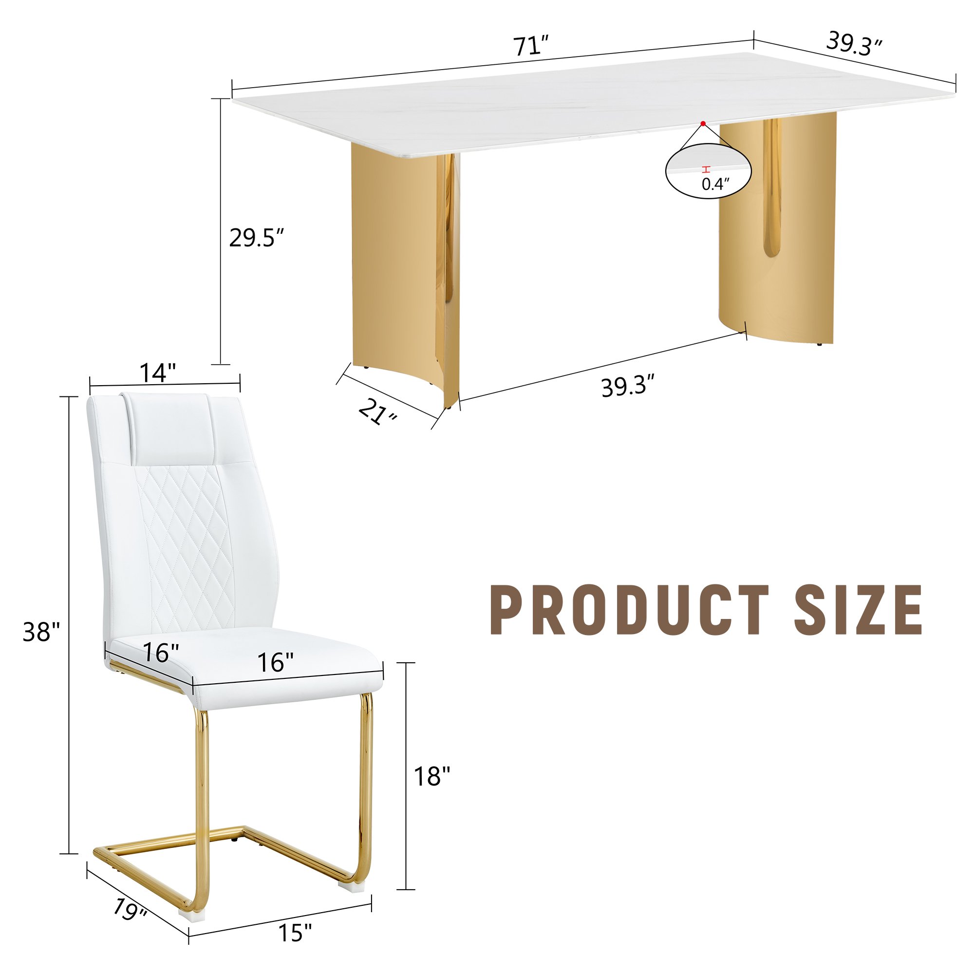 Table and chair set.The table has a glass tabletop with imitation marble pattern stickers and stainless steel golden table legs. Paried with comfortable chairs with PU seats and metal legs.