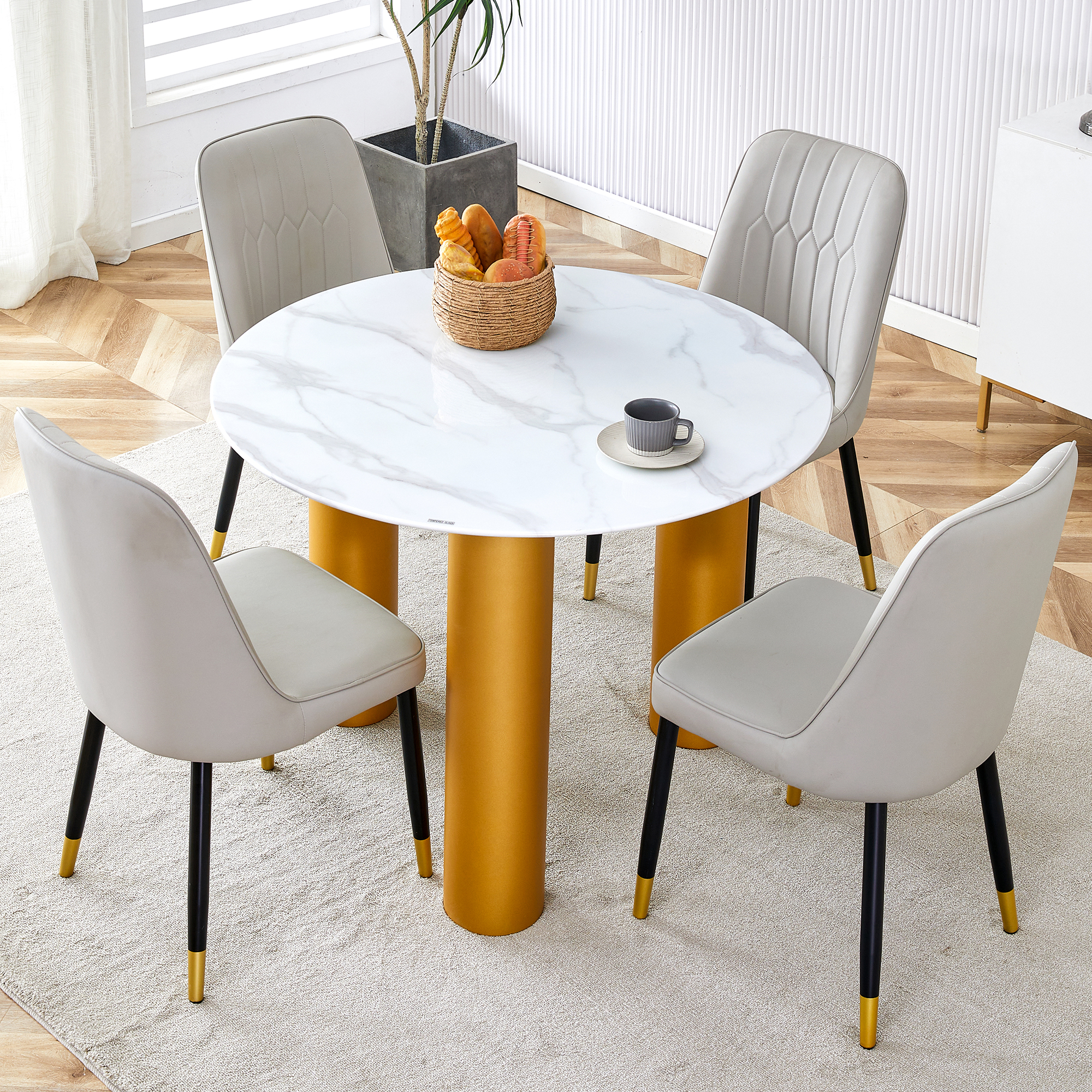 Table and chair set, round table with white marble pattern, gold MDF table legs, soft and comfortable dining chair, suitable for kitchen and living room