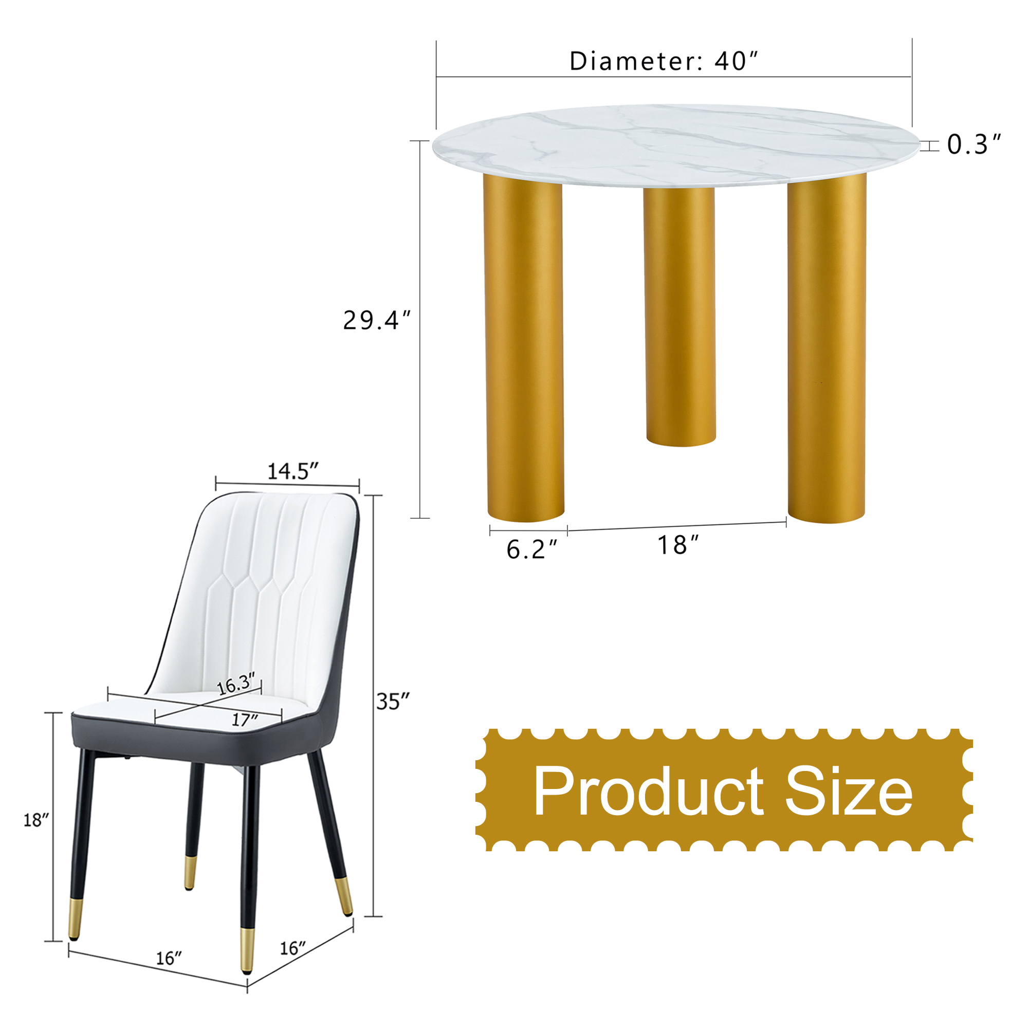 Table and chair set, round table with white marble pattern, gold MDF table legs, soft and comfortable dining chair, suitable for kitchen and living room