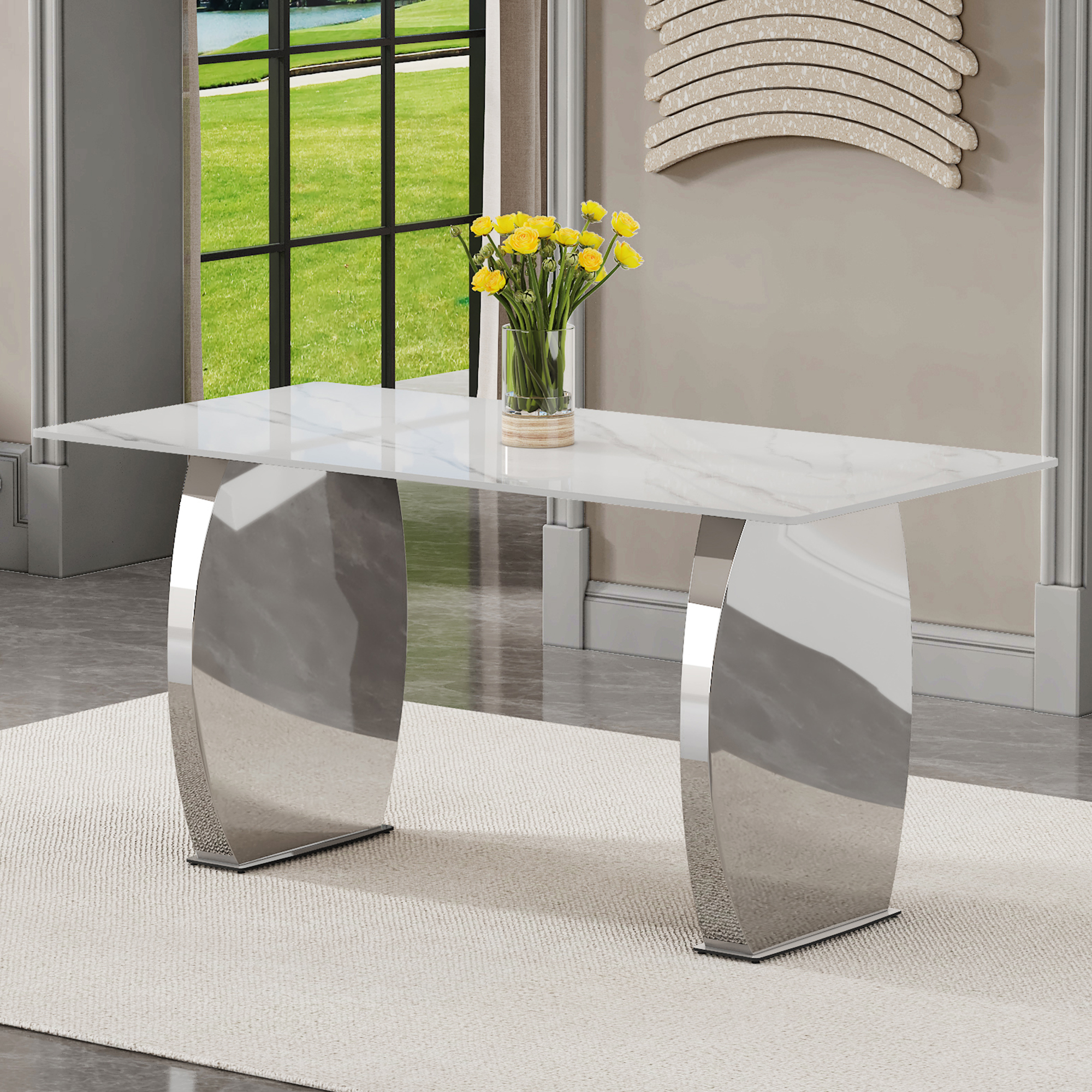 Modern rectangular dining table, 0.4 inch white patterned top, silver legs, suitable for kitchen, dining room, living room 63 inches * 31.4 inches * 30 inches