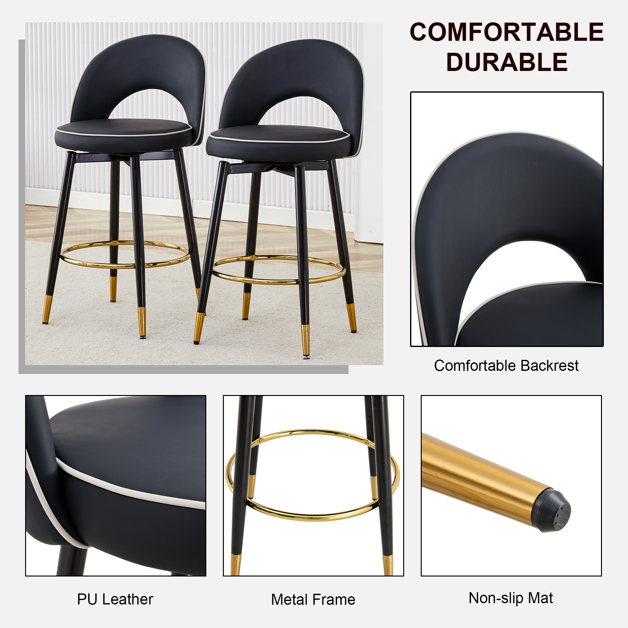 360 ° rotatable bar chair.Modern PU comfortable upholstered bar chair with smooth and beautiful metal legs for dining room, kitchen, terrace and guest office chair .