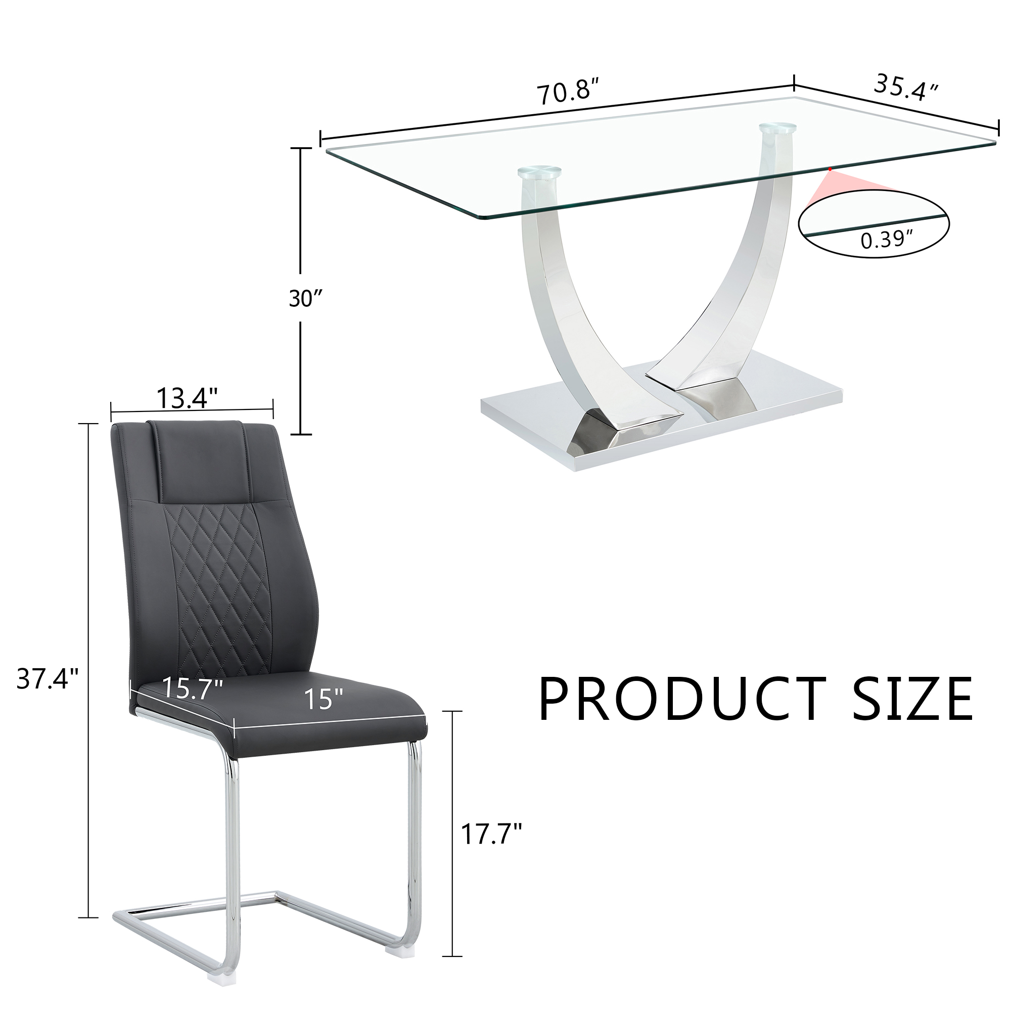 Table and chair set.Contemporary, minimalist rectangular dining table featuring a clear tempered glass top and sleek silver legs. Paried with chairs made of PU material cushion and silver metal legs.