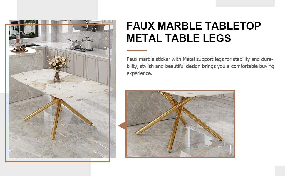 Large modern minimalist rectangular dining table with 0.39 "imitation marble tabletop and golden metal legs, suitable for kitchen, dining room, living room, conference room, W1151S00987