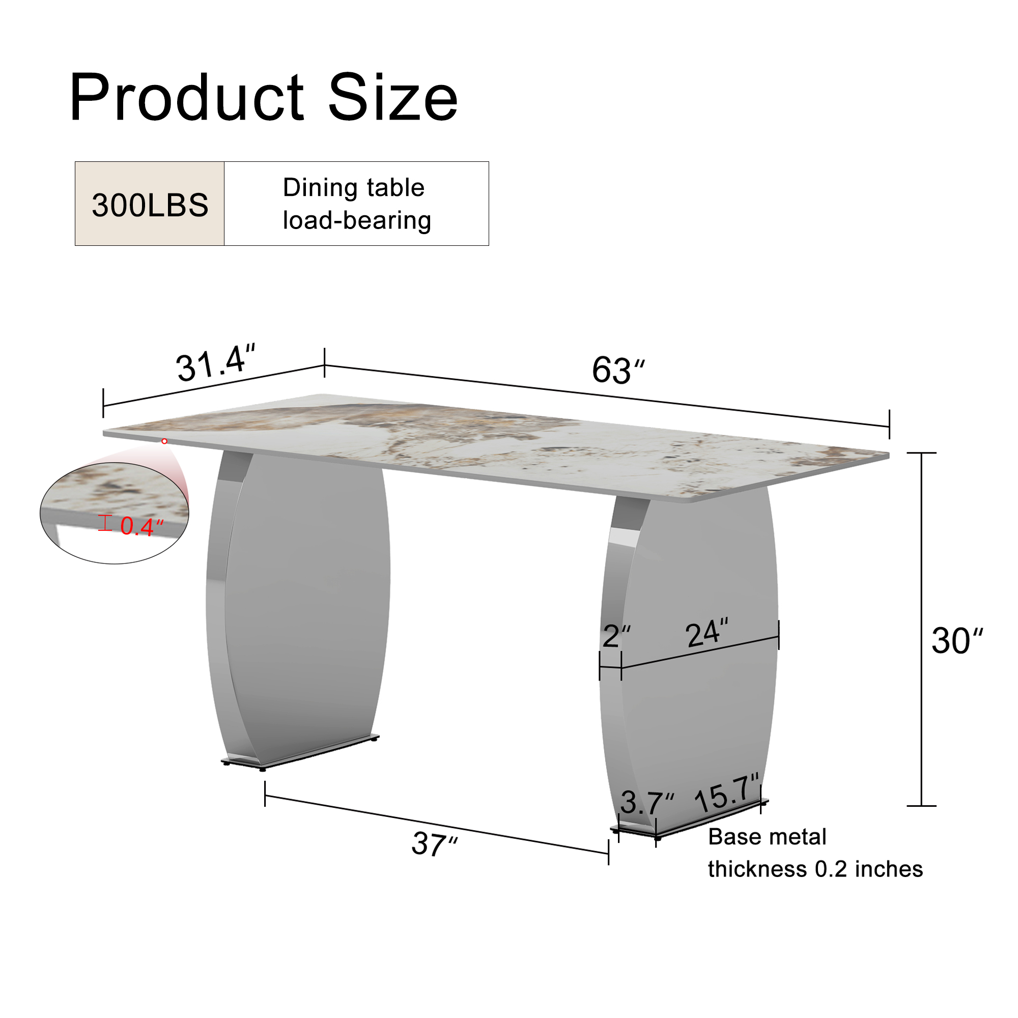 Modern rectangular dining table, imitation marbled rock plate table top, stainless steel table legs, suitable for kitchen, dining room, living room 63 inches * 31.4 inches.