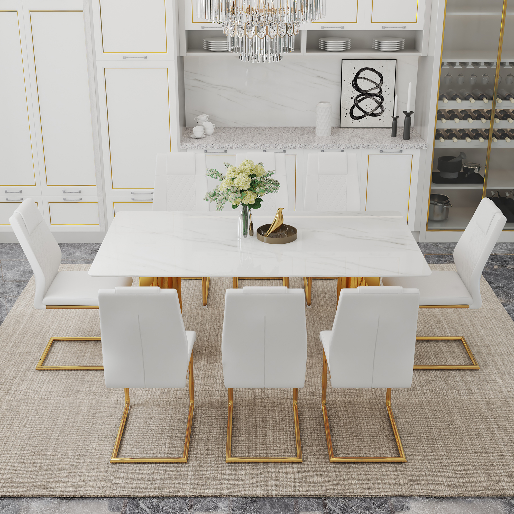 Table and chair set.The table has a glass tabletop with imitation marble pattern stickers and stainless steel golden table legs. Paried with comfortable chairs with PU seats and metal legs.