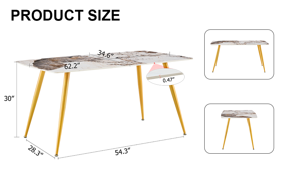 Modern minimalist dining table. White imitation marble pattern SINTERED STONE desktop with golden metal legs.62.2"*34.6"*30" F-001