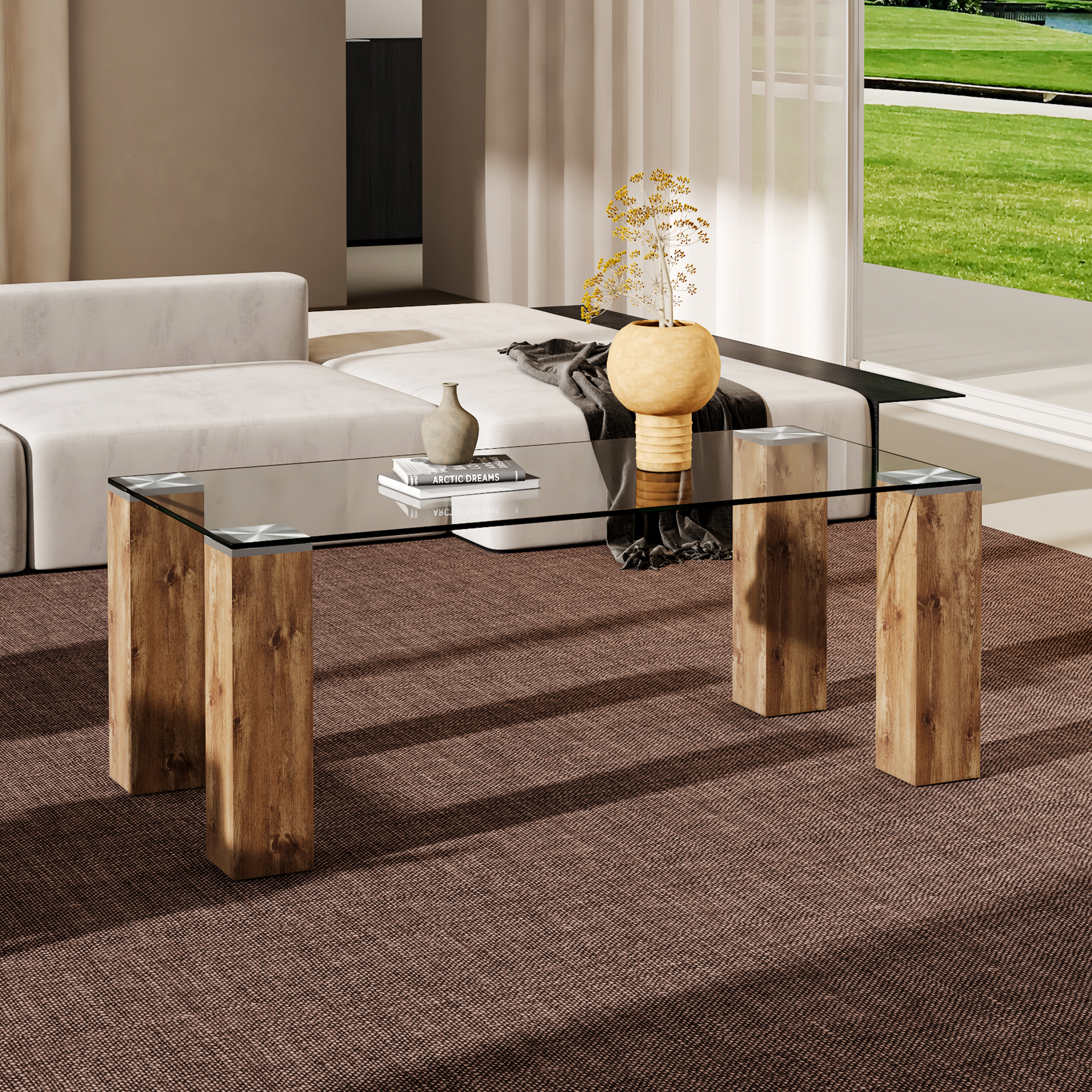 Glass-Top Coffee Table,tea table, with MDF Legs - Stylish Blend of Elegance and Durability 44.9"*21.7"*16.9"