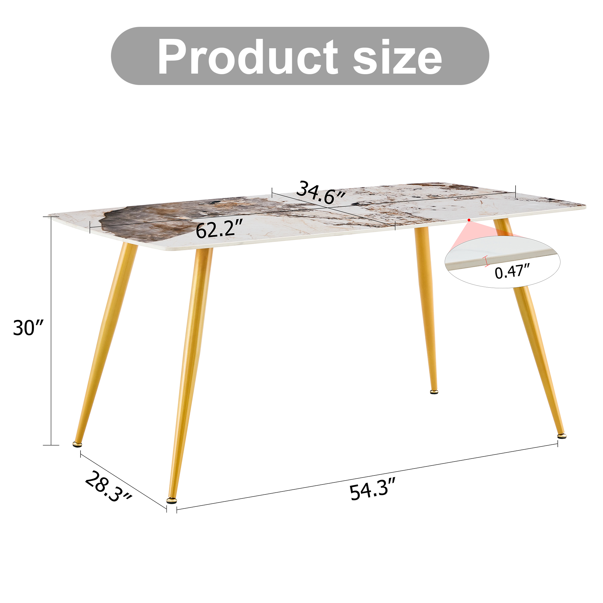 Modern minimalist dining table. White imitation marble pattern SINTERED STONE desktop with golden metal legs.62.2"*34.6"*30" F-001