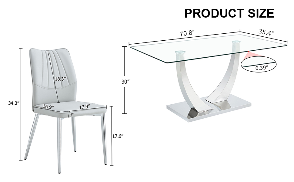 Table and chair set.Contemporary, minimalist rectangular dining table featuring a clear tempered glass top and sleek silver legs. Paried with chairs made of PU material cushion and silver metal legs.