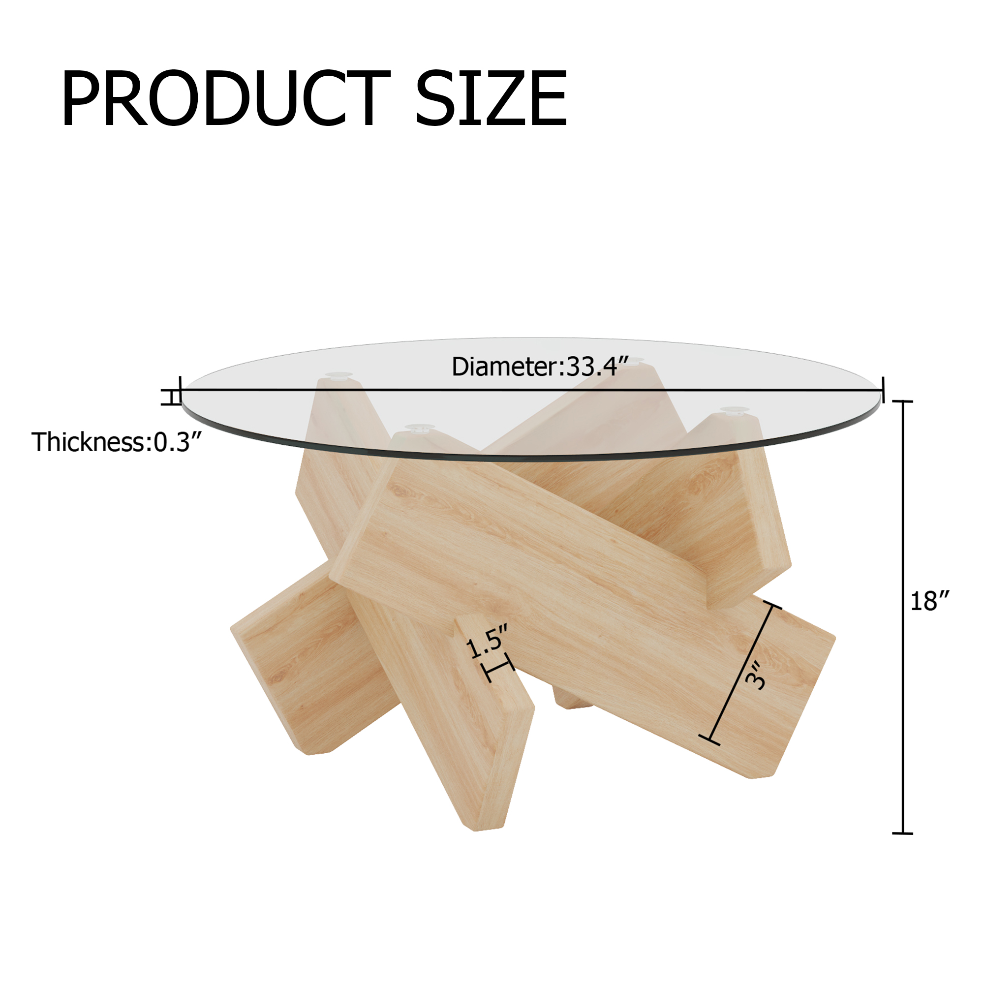 Circular glass coffee table, 33.4-inch modern and distinctive design tea table. Tempered glass countertop, wood colored MDF table legs. Suitable for living rooms and farmhouses