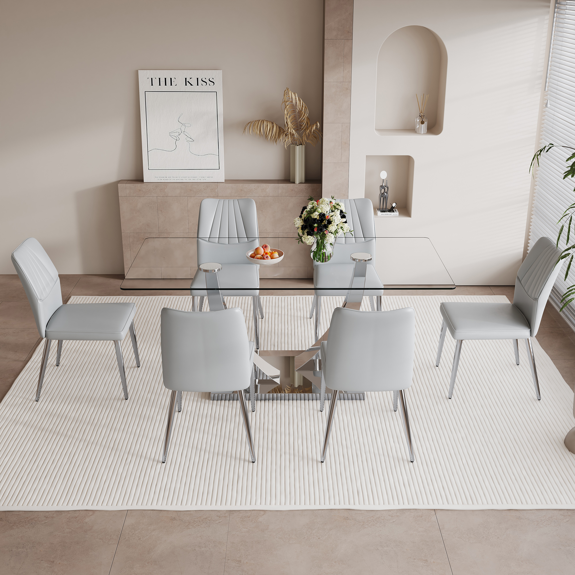 Table and chair set.Contemporary, minimalist rectangular dining table featuring a clear tempered glass top and sleek silver legs. Paried with chairs made of PU material cushion and silver metal legs.