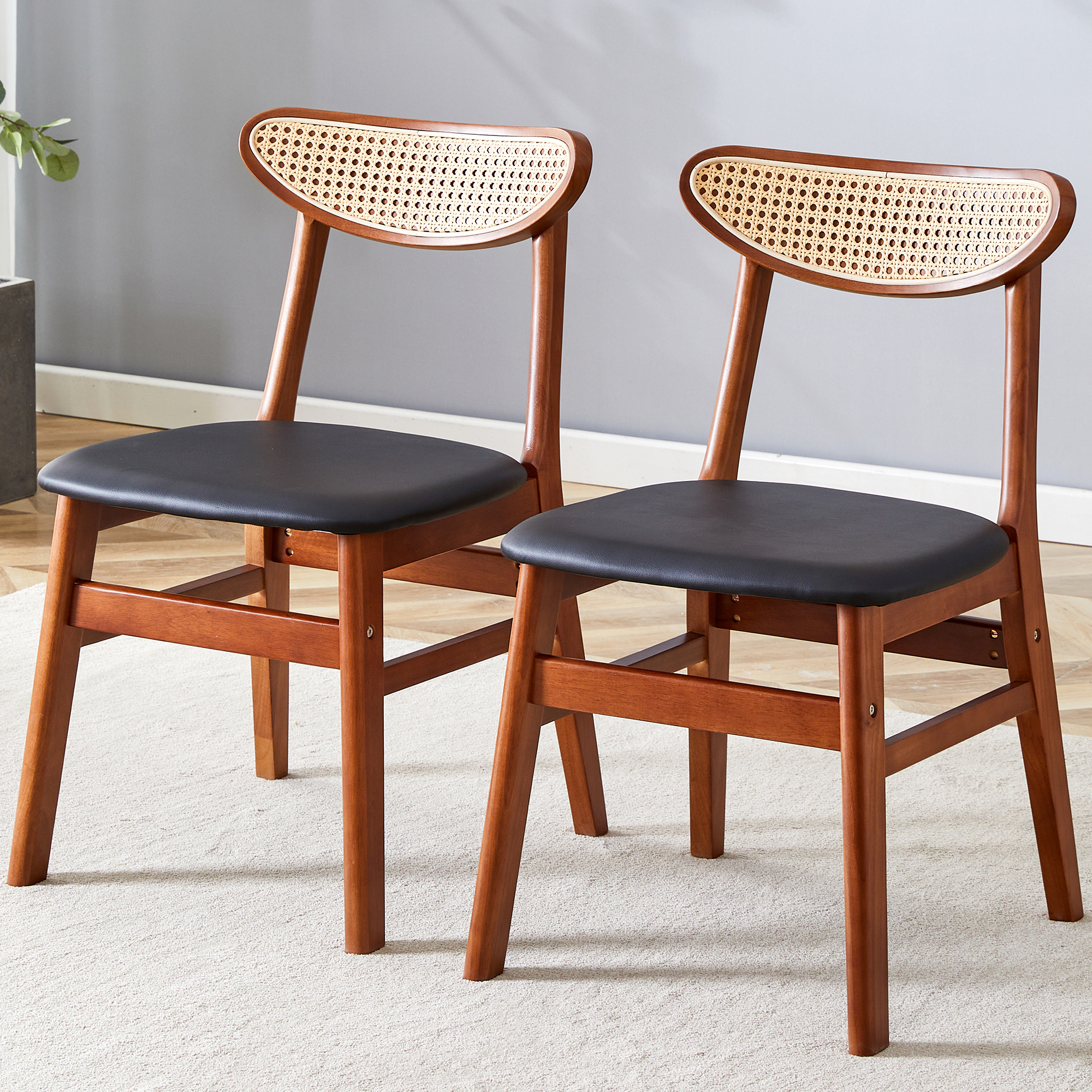 The stylish and durable solid wood dining chair, small curved back, PU cushion, and beautiful shape match perfectly with any room and everyday use