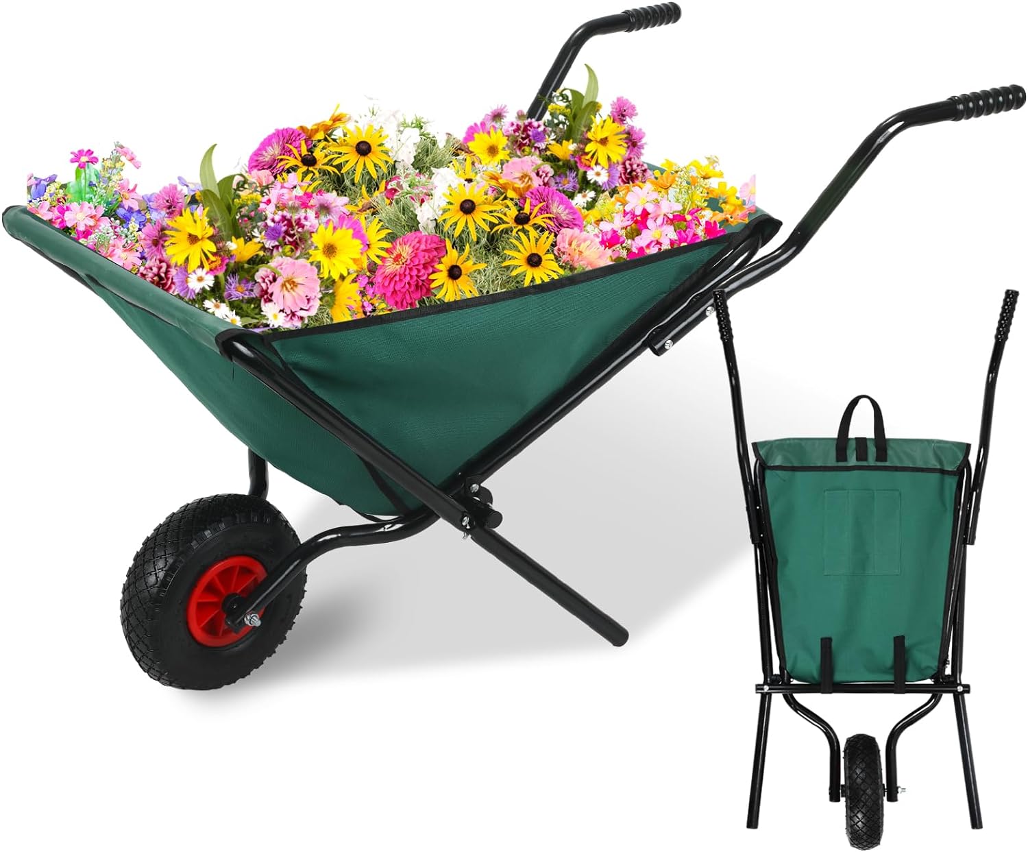 Collapsible Wheelbarrow 176 lbs Folding Yard Garden Wheelbarrow Foldable Lightweight Gardening Heavy Duty Oxford Cloth Green Lawn Cart for Grass, Leaf, Garden Supplies, 10" Pneumatic Tire