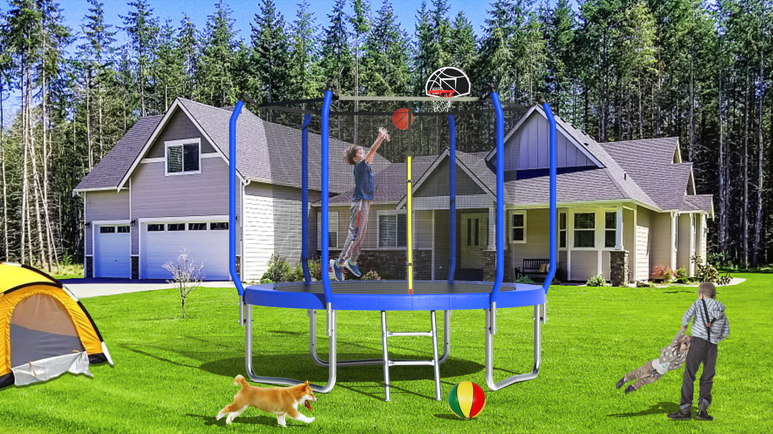 10FT Trampoline with Basketball Hoop,  ASTM Approved Reinforced Type Outdoor Trampoline with Enclosure Net