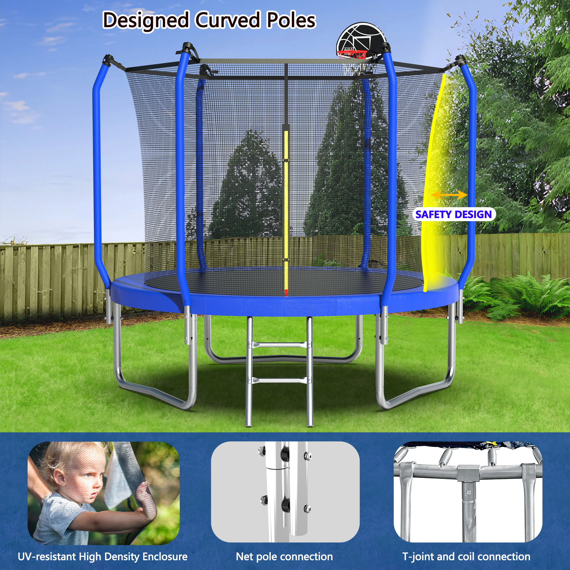 10FT Trampoline with Basketball Hoop,  ASTM Approved Reinforced Type Outdoor Trampoline with Enclosure Net