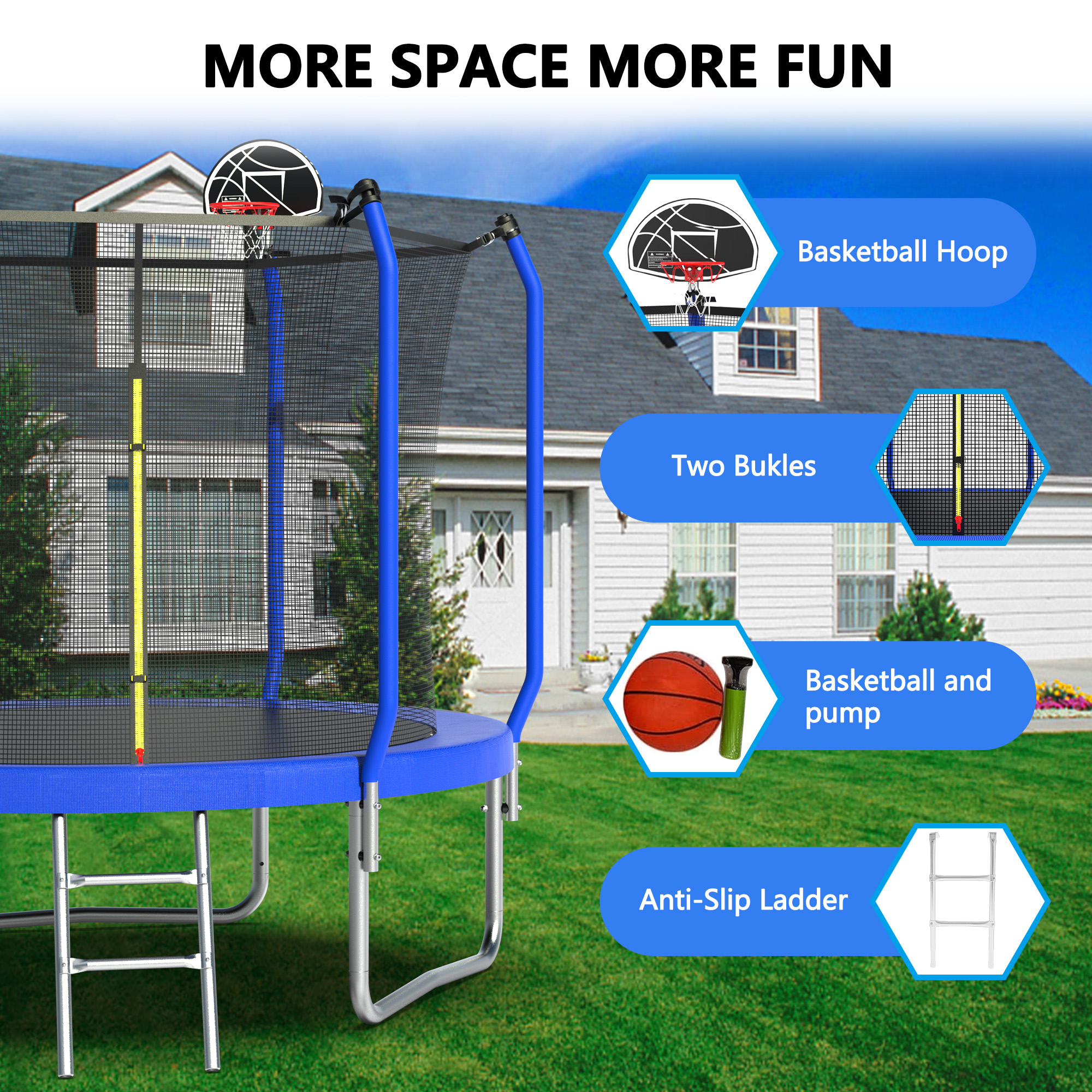 10FT Trampoline with Basketball Hoop,  ASTM Approved Reinforced Type Outdoor Trampoline with Enclosure Net