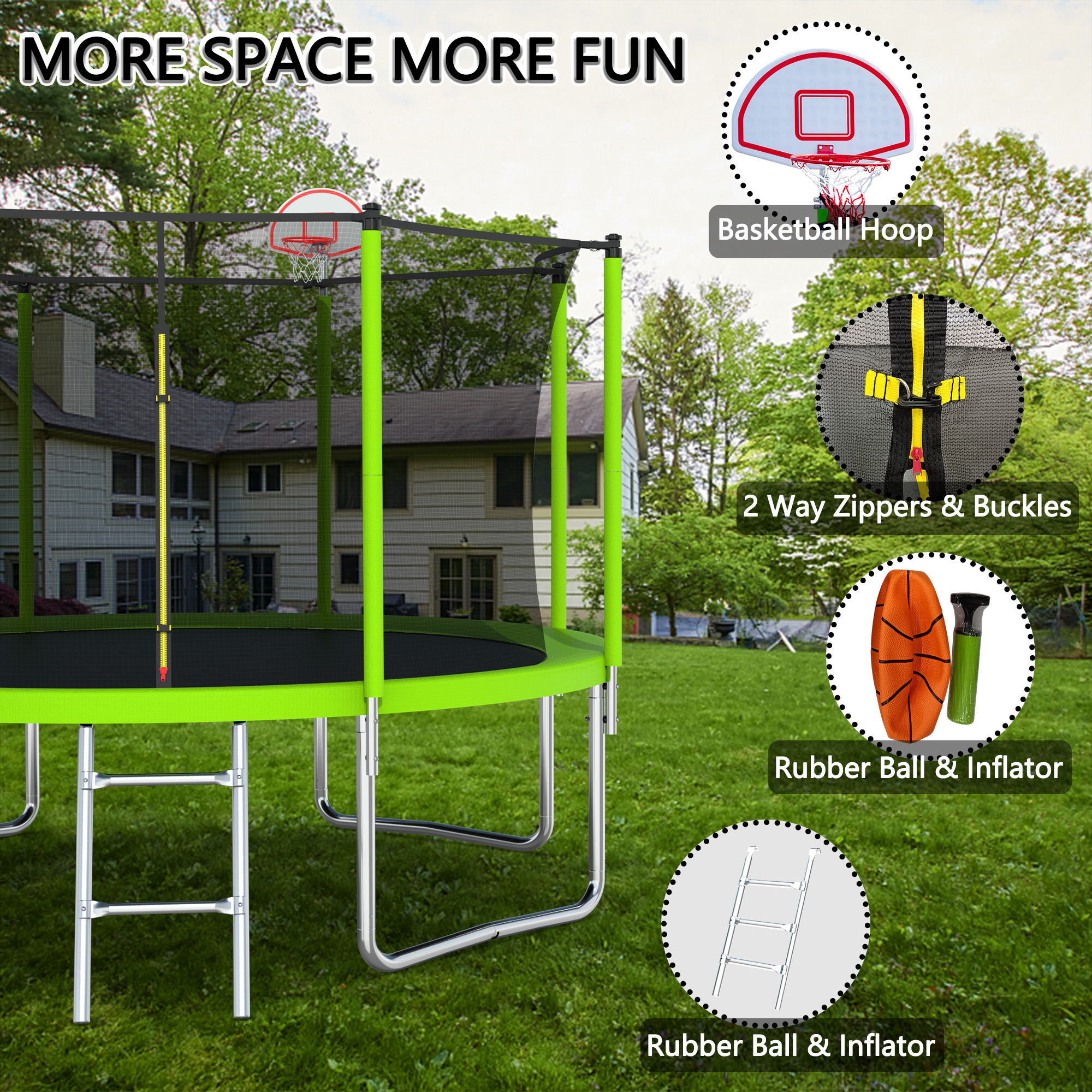 12FT Trampoline Green for Kids & Adults with Basketball Hoop and Ball ,Recreational Trampolines with Safety Enclosure for Back Yard Outdoor