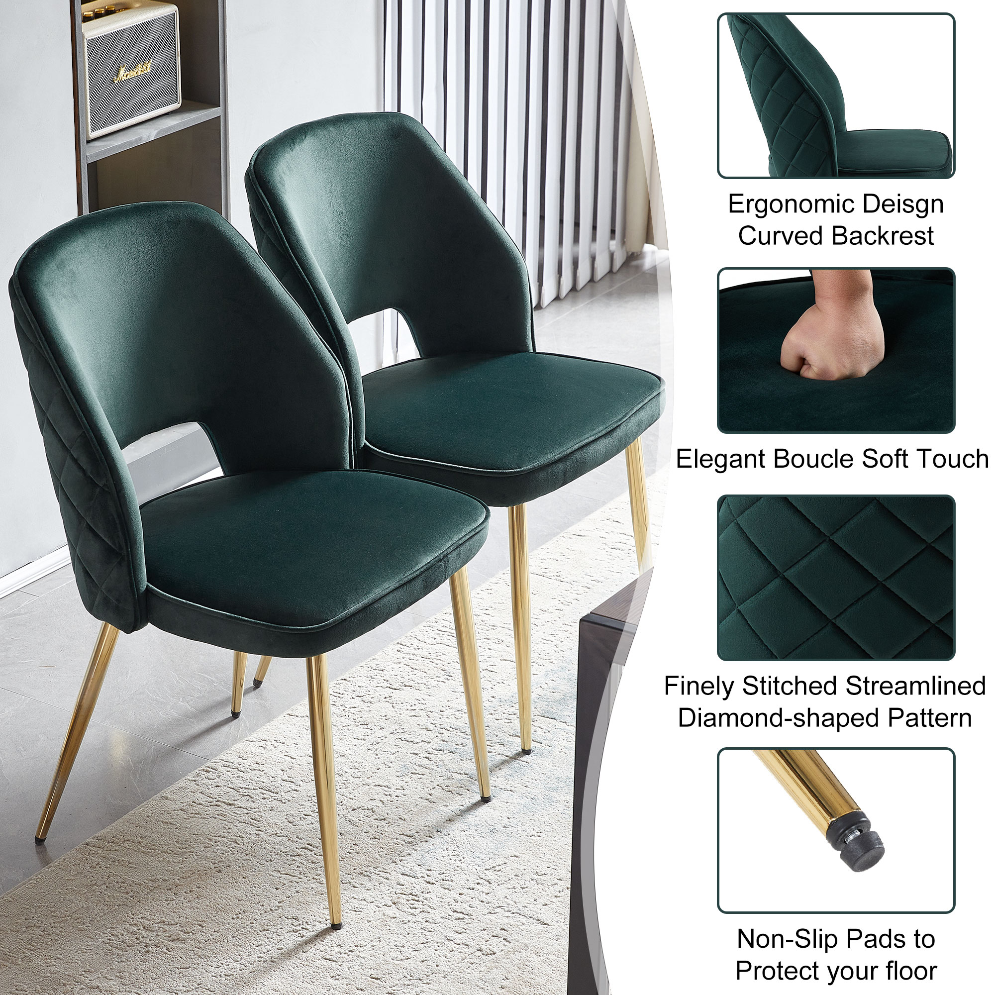 Dark Green Velvet Dining Chairs with Metal Legs and Hollow Back Upholstered Dining Chairs Set of 4