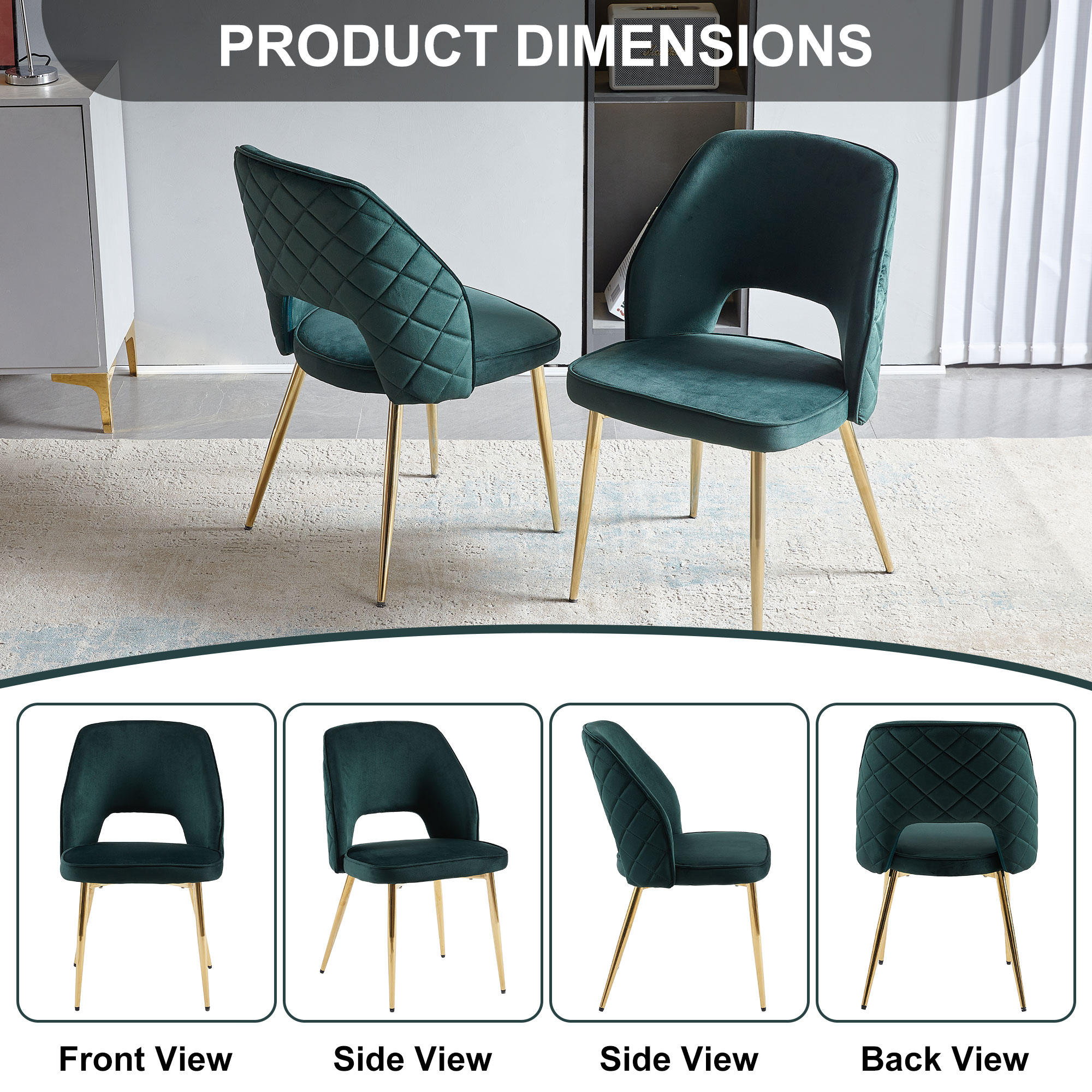 Dark Green Velvet Dining Chairs with Metal Legs and Hollow Back Upholstered Dining Chairs Set of 4