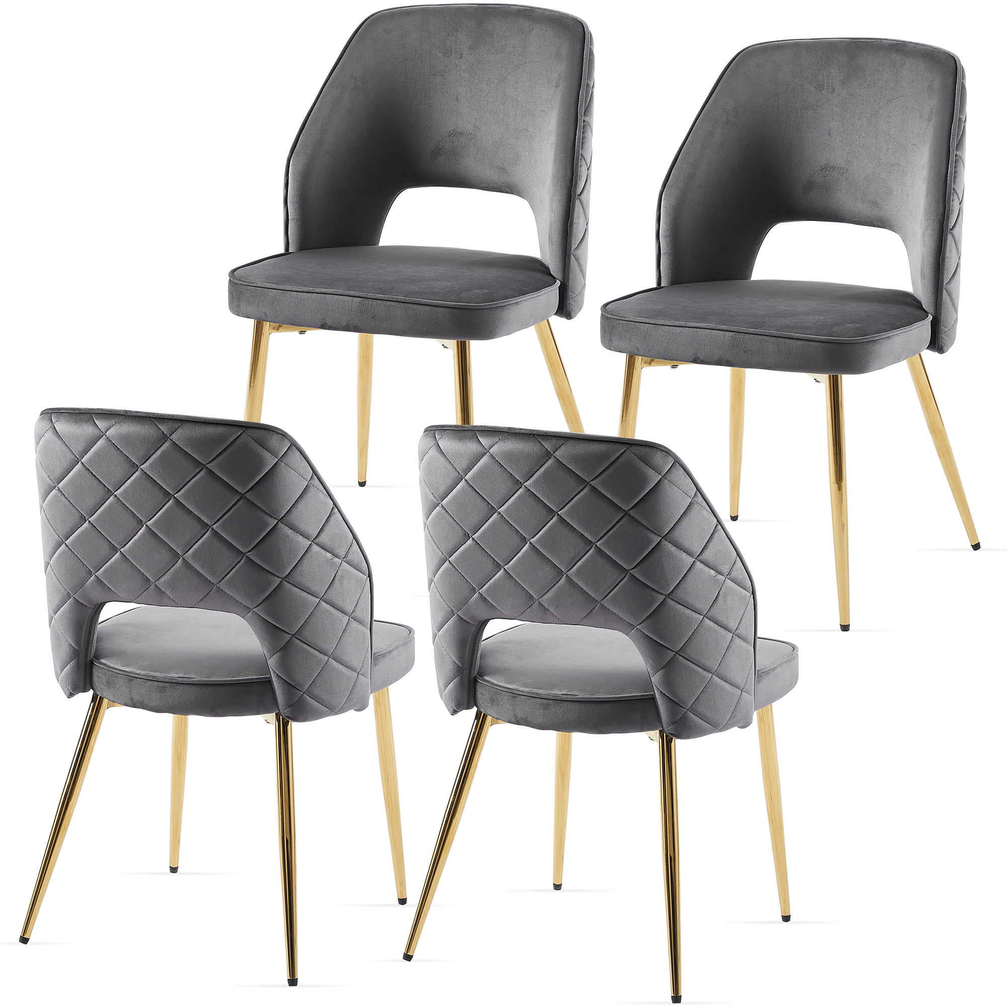 Gray Velvet Dining Chairs with Metal Legs and Hollow Back Upholstered Dining Chairs Set of 4