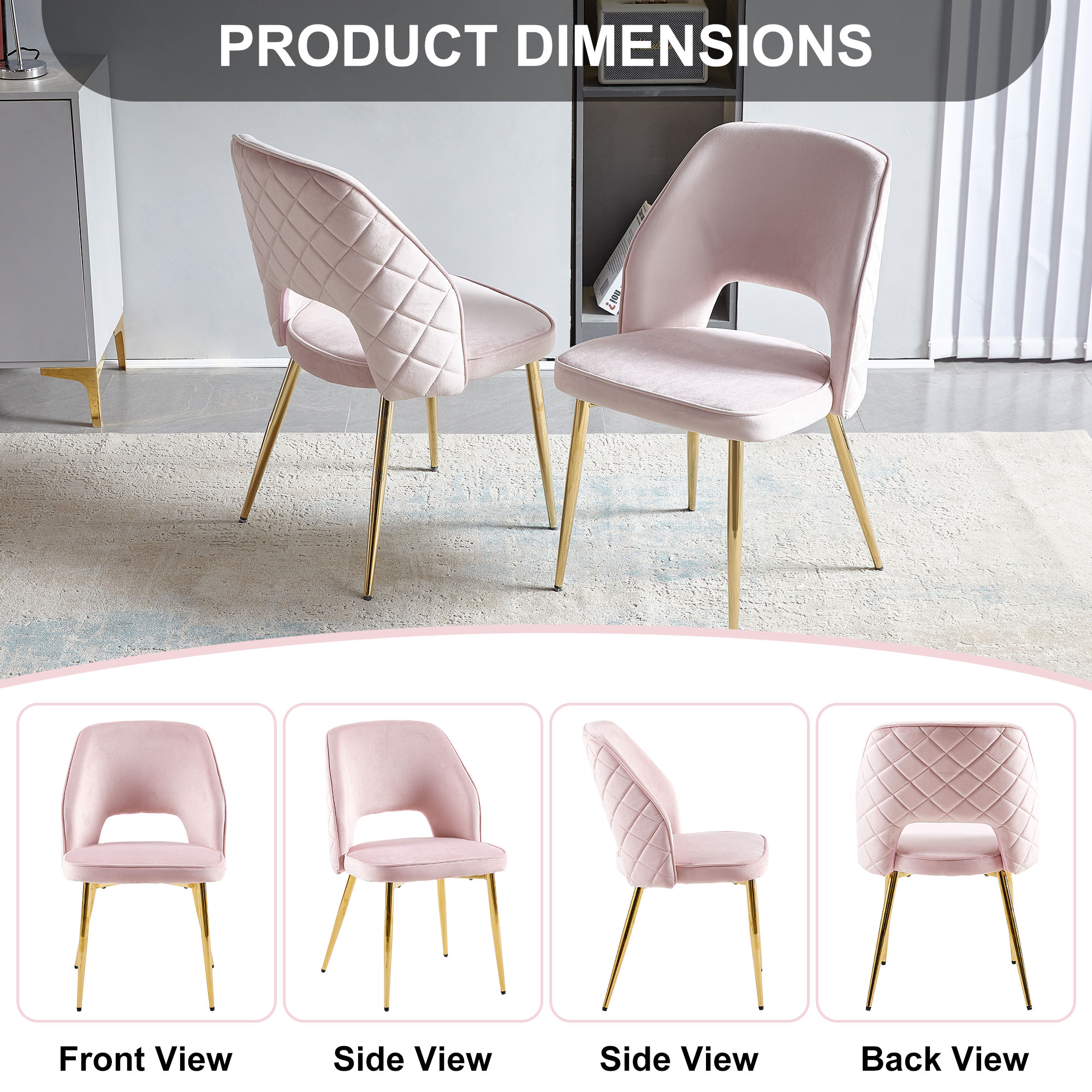 Pink Velvet Dining Chairs with Metal Legs and Hollow Back Upholstered Dining Chairs Set of 4