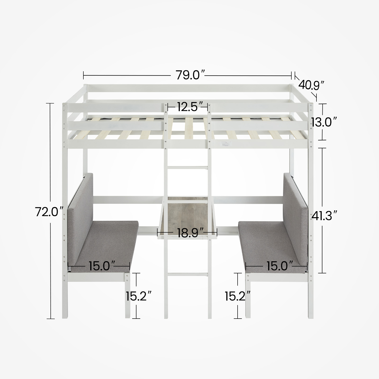 Twin Over Twin Bunk Beds Can be Turn into Upper Bed and Down Desk, Cushion Sets are Free. White,79''L x 40.9''W x 79''H.