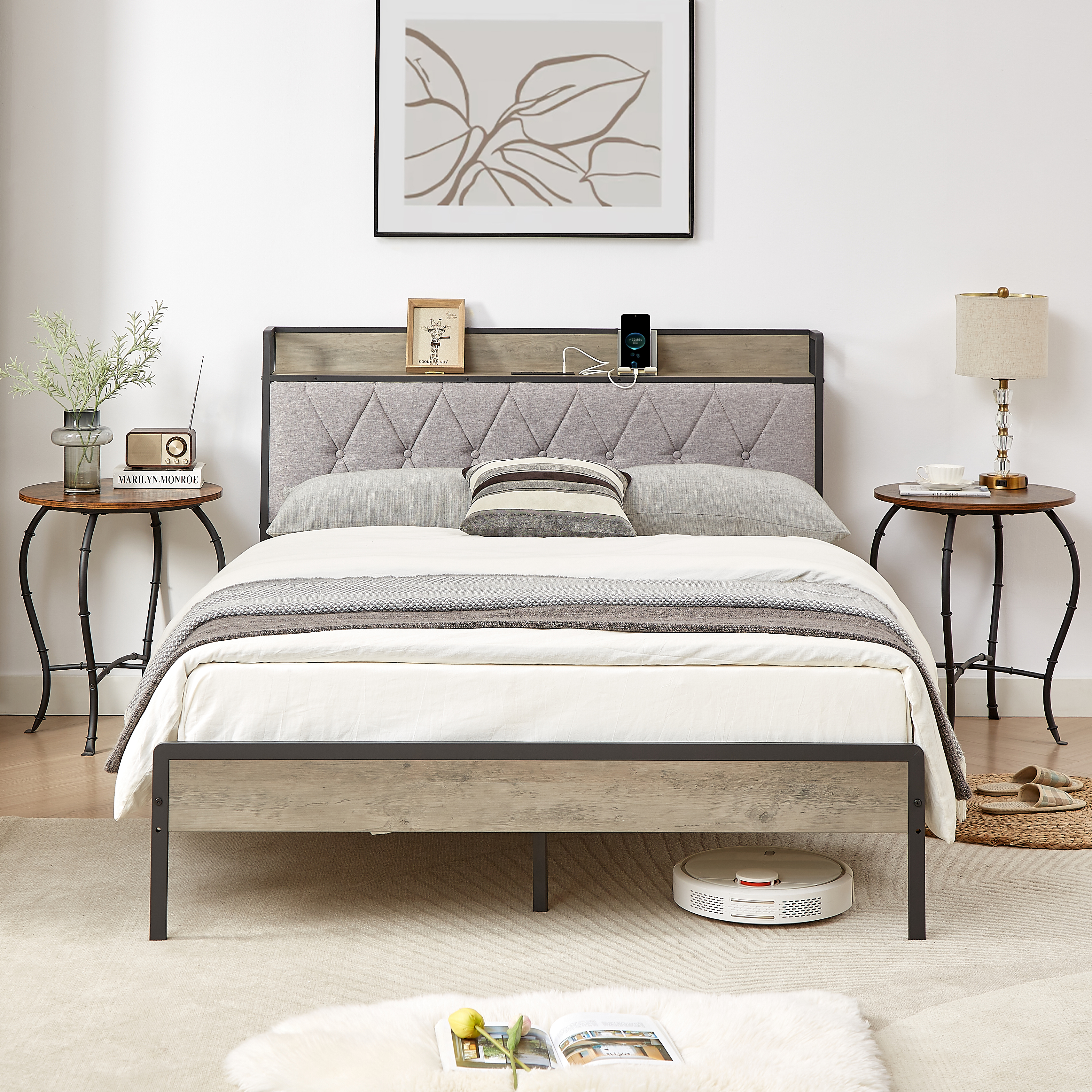 Bed frame with charging station full size, Grey, 83.1'' L x 56.1'' W x 39.2'' H.