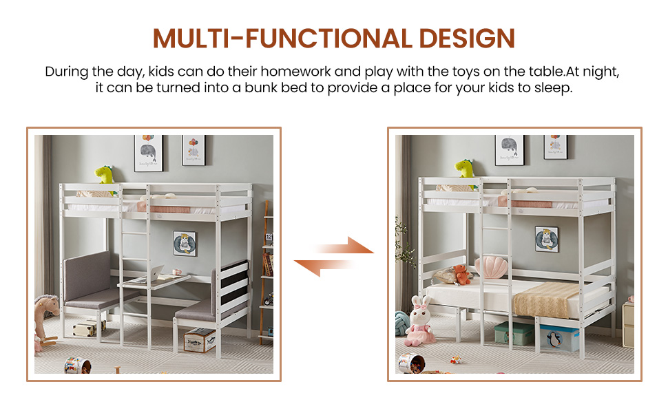 Twin Over Twin Bunk Beds Can be Turn into Upper Bed and Down Desk, Cushion Sets are Free. White,79''L x 40.9''W x 79''H.