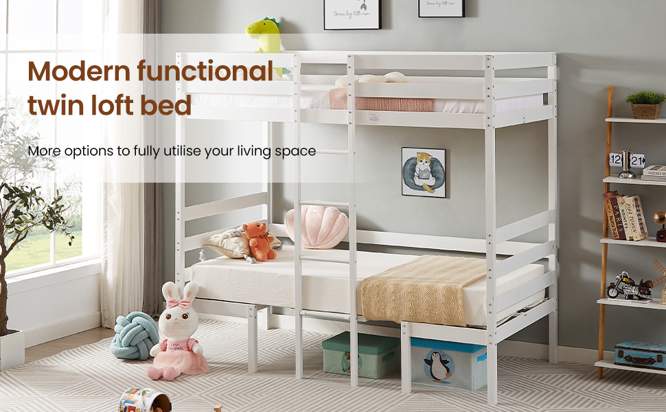 Twin Over Twin Bunk Beds Can be Turn into Upper Bed and Down Desk, Cushion Sets are Free. White,79''L x 40.9''W x 79''H.