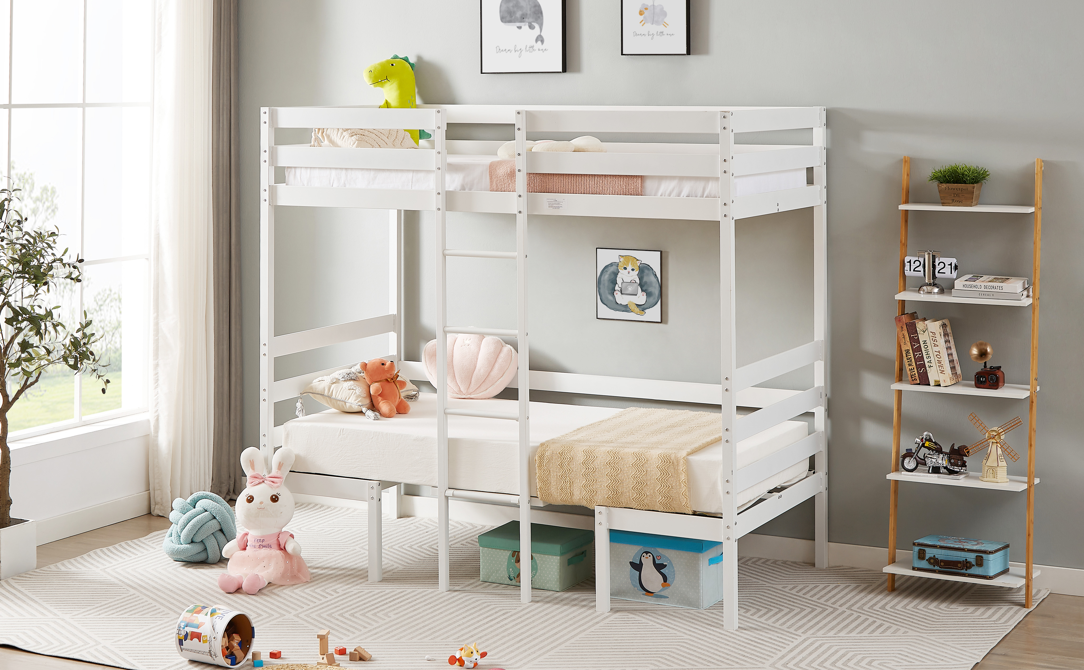 Twin Over Twin Bunk Beds Can be Turn into Upper Bed and Down Desk, Cushion Sets are Free. White,79''L x 40.9''W x 79''H.