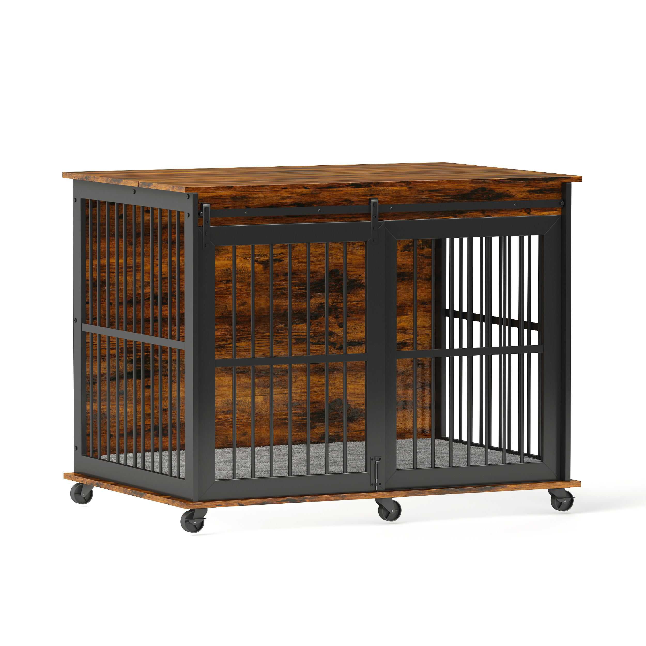 Furniture dog crate sliding iron door dog crate with mat. (Rustic Brown,43.7''W x 30''D x 33.7''H).