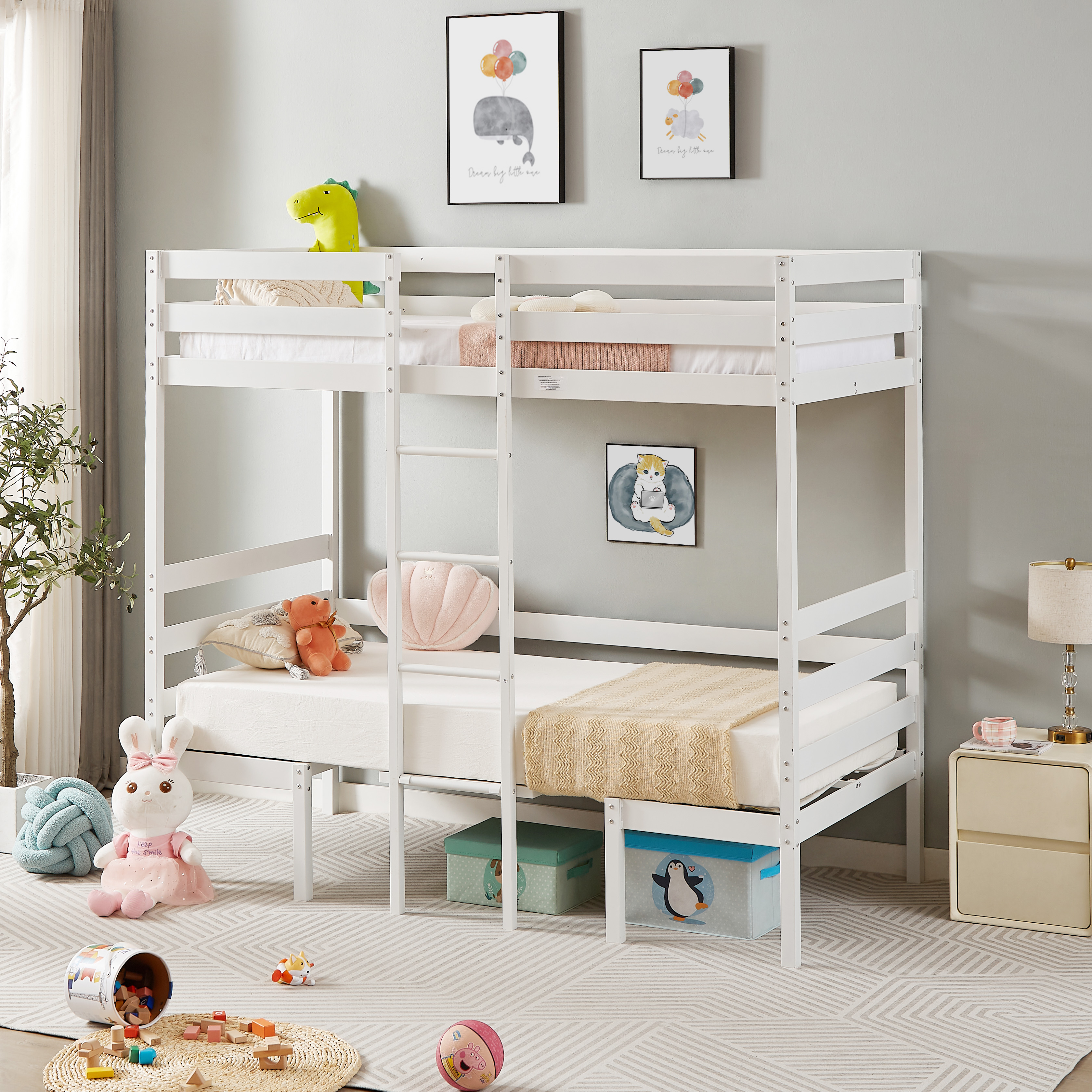 Twin Over Twin Bunk Beds Can be Turn into Upper Bed and Down Desk, Cushion Sets are Free. White,79''L x 40.9''W x 79''H.