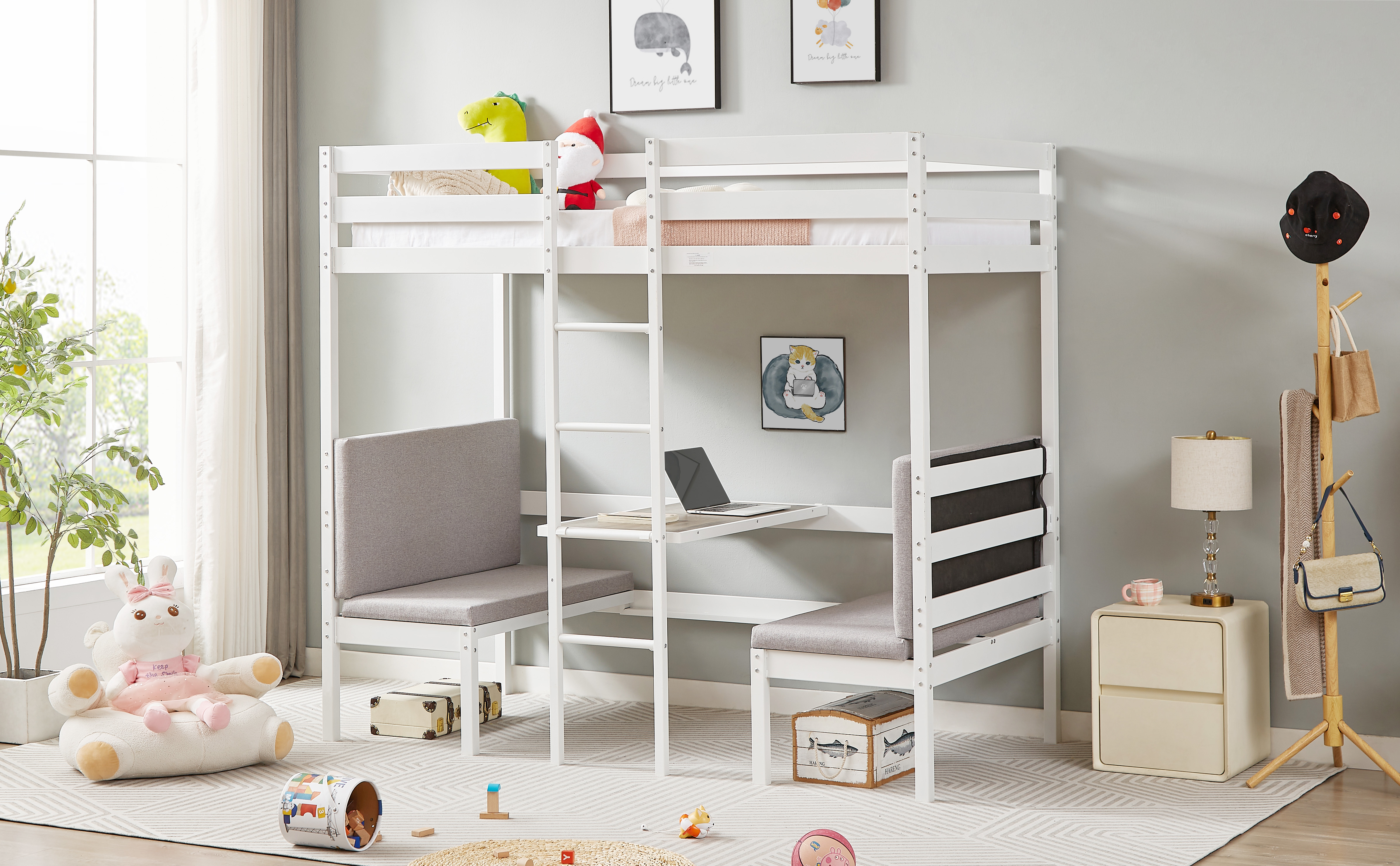 Twin Over Twin Bunk Beds Can be Turn into Upper Bed and Down Desk, Cushion Sets are Free. White,79''L x 40.9''W x 79''H.