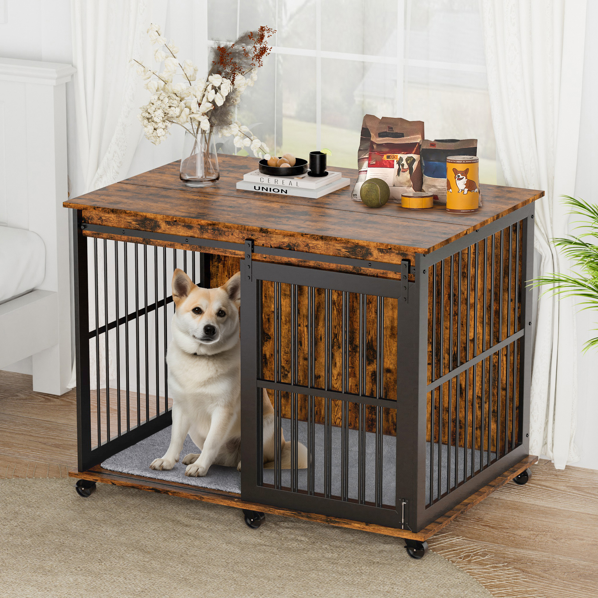 Furniture dog crate sliding iron door dog crate with mat. (Rustic Brown,43.7''W x 30''D x 33.7''H).