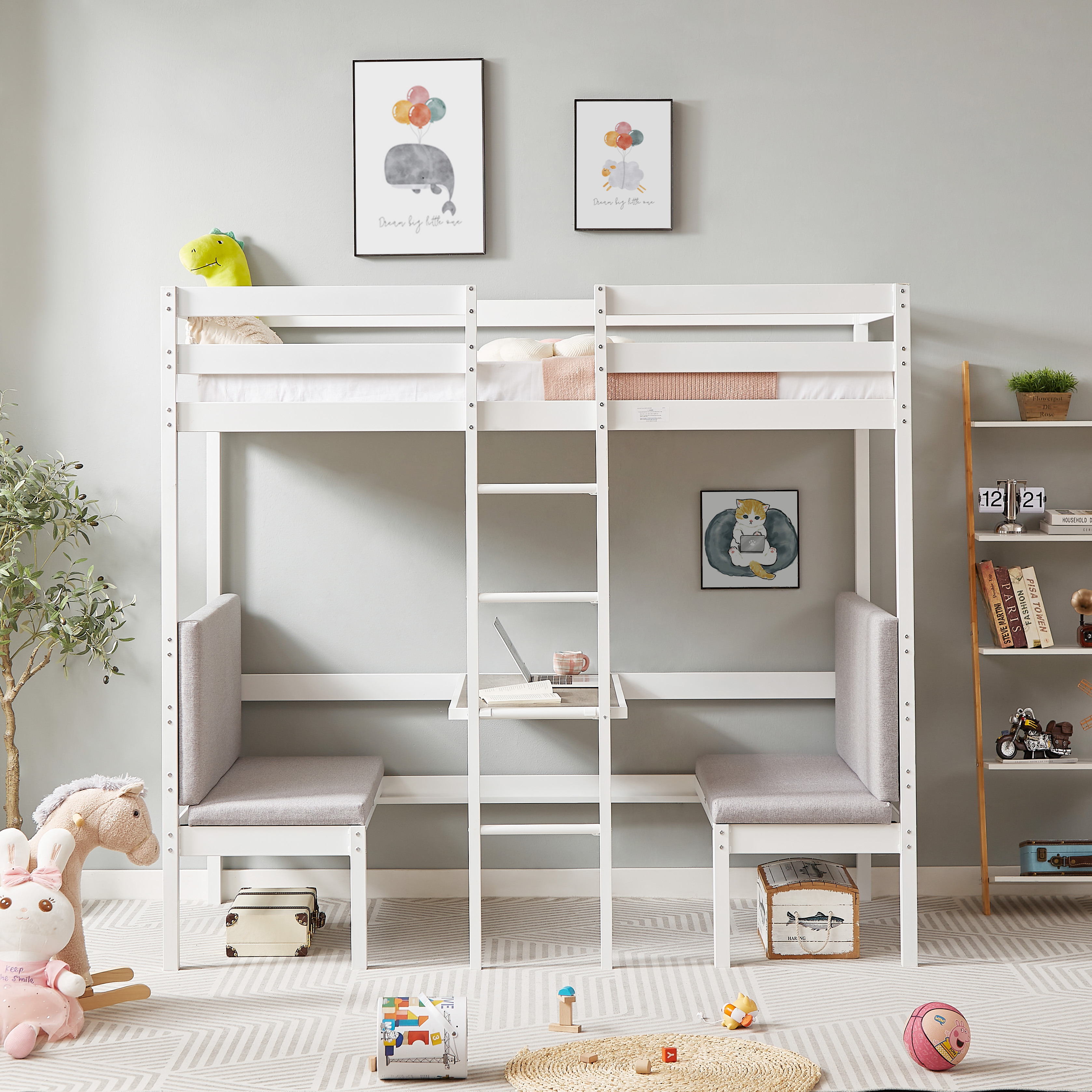 Twin Over Twin Bunk Beds Can be Turn into Upper Bed and Down Desk, Cushion Sets are Free. White,79''L x 40.9''W x 79''H.