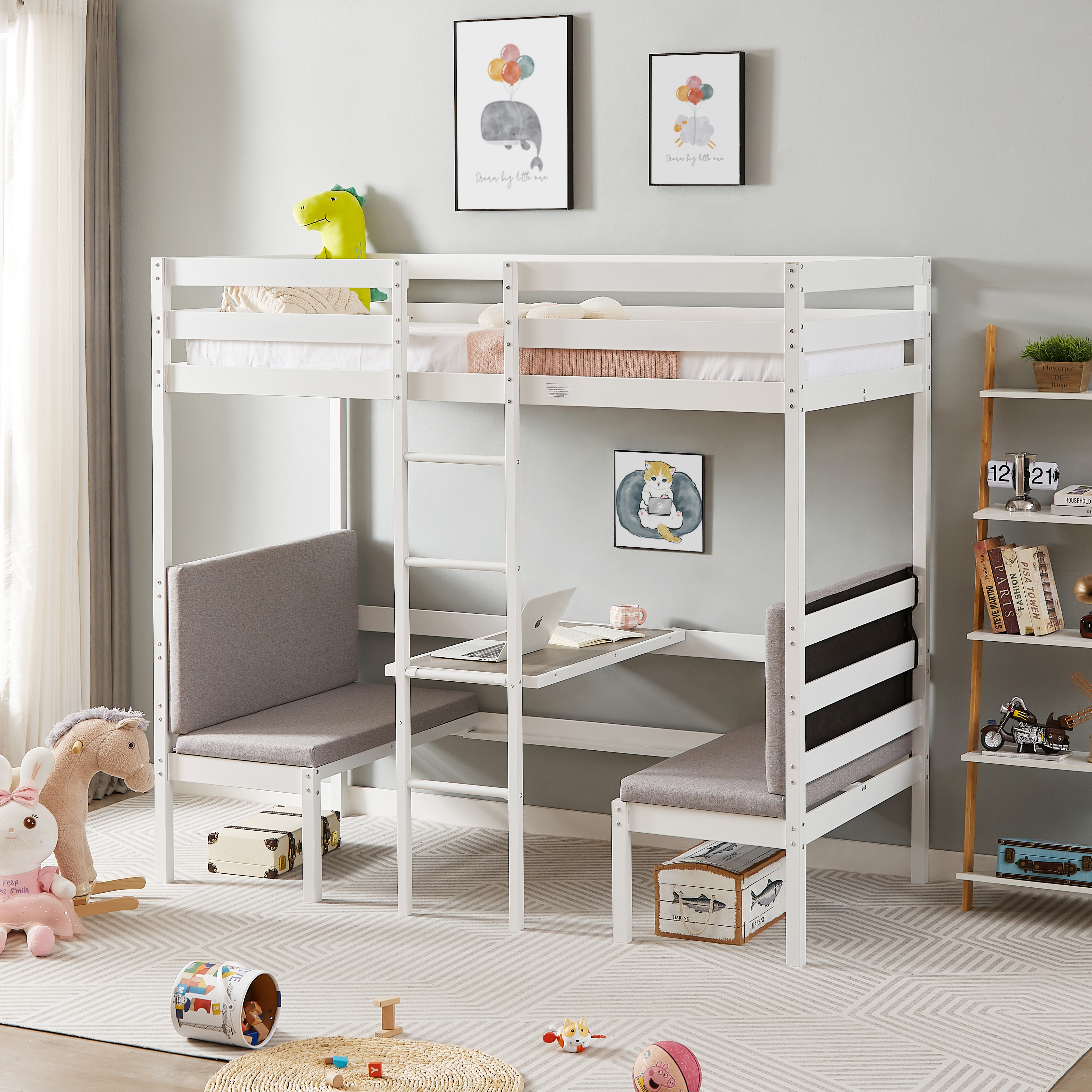 Twin Over Twin Bunk Beds Can be Turn into Upper Bed and Down Desk, Cushion Sets are Free. White,79''L x 40.9''W x 79''H.