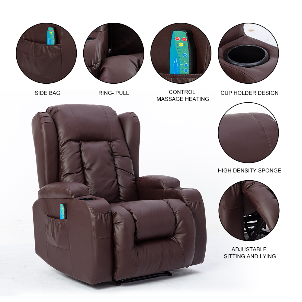 PU Recliner Vibration Massage Armchair Sofa - Brown