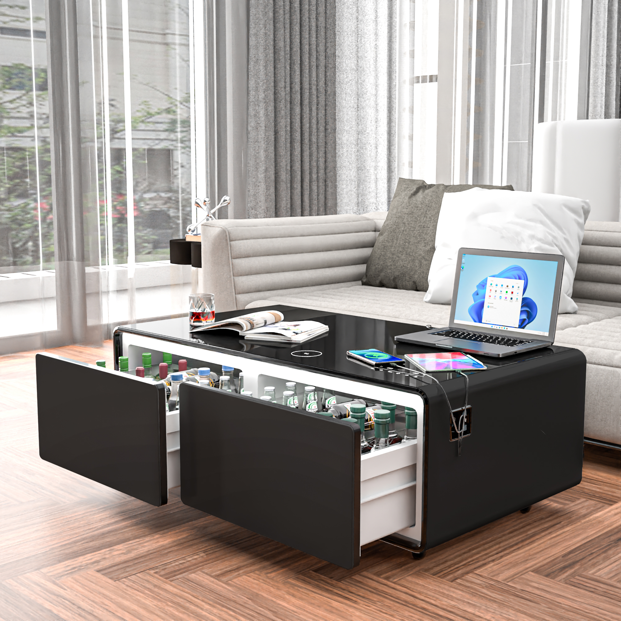 Modern Smart Coffee Table with Built-in Fridge, Bluetooth Speaker, Wireless Charging Module, Touch Control Panel, Power Socket, USB Interface, Outlet Protection, Atmosphere light, Black