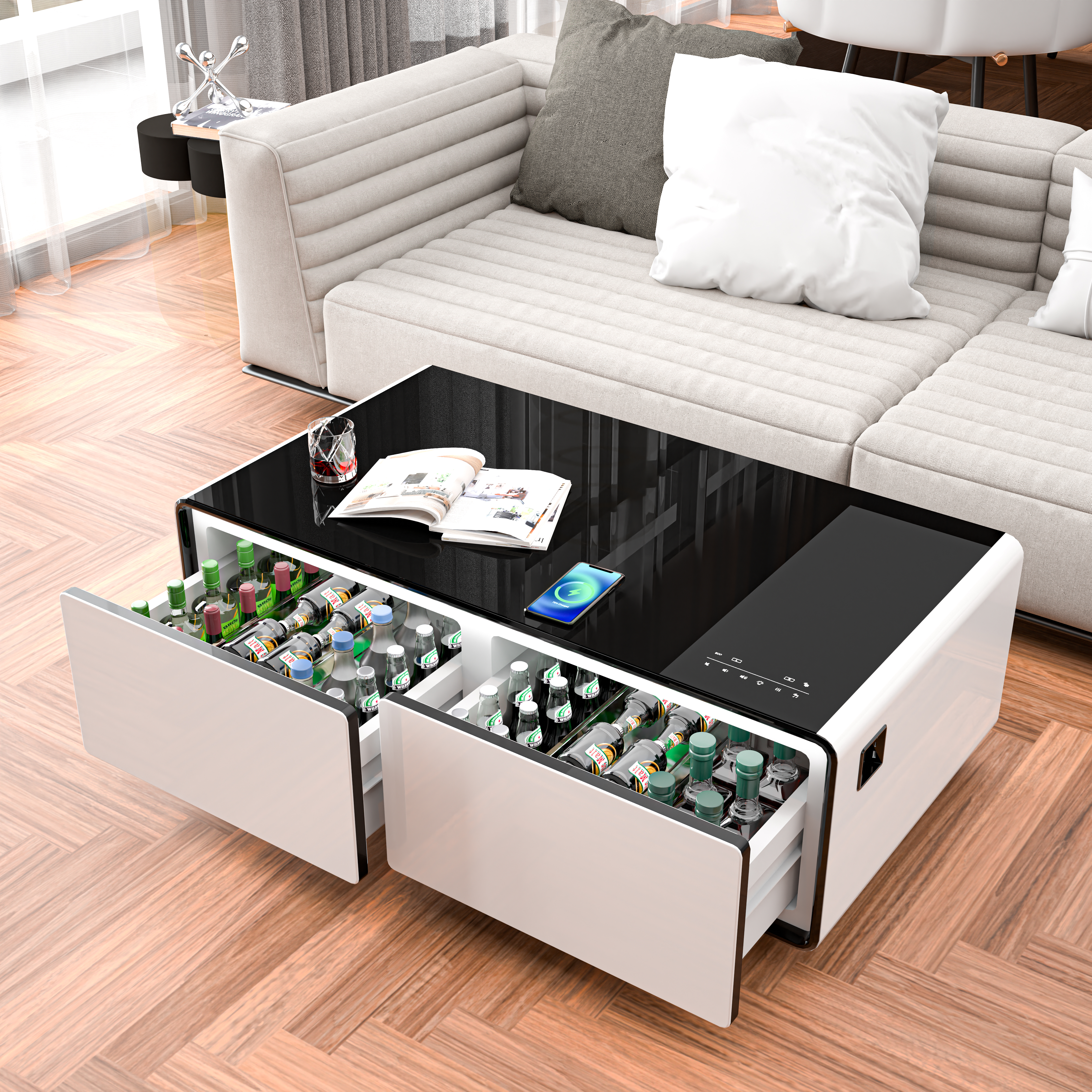 Modern Smart Coffee Table with Built-in Fridge, Bluetooth Speaker, Wireless Charging Module, Touch Control Panel, Power Socket, USB Interface, Outlet Protection, Atmosphere light, White