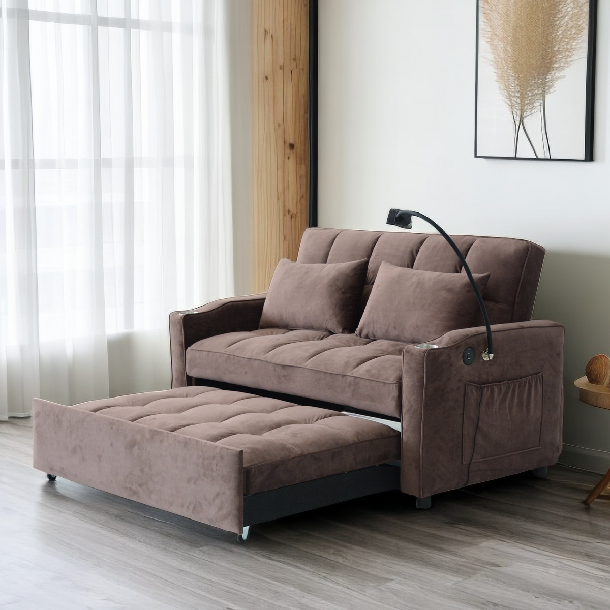 Lazy Sofa Bed, Convertible Sofa Bed Loveseat Sofa with Three USB Ports, Two Side Pockets, Two Cup Holders and 360°Swivel Phone Holder for Living Room, Brown