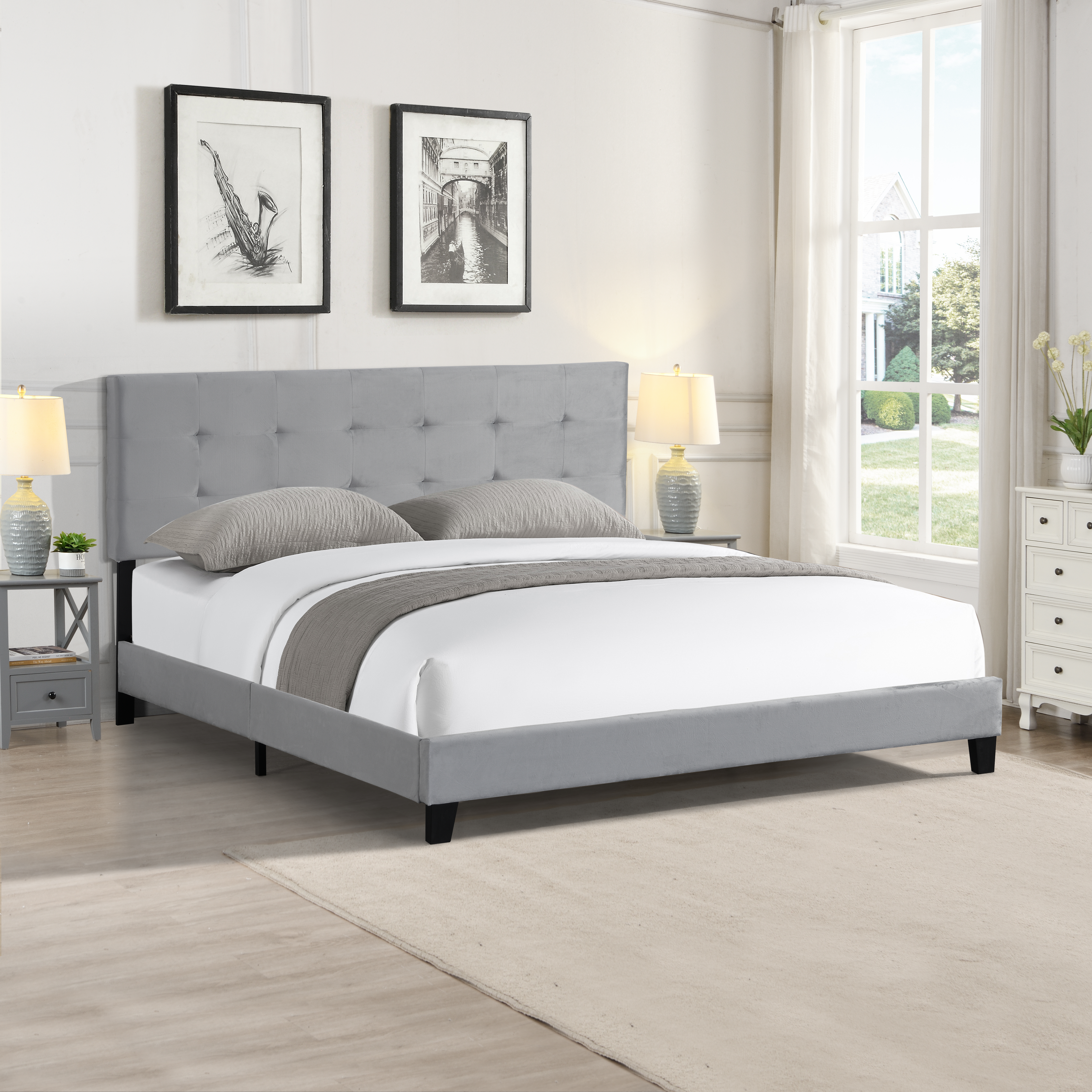 King Size Upholstered  Platform Bed Frame with  pull point Tufted Headboard, Strong Wood Slat Support, Mattress Foundation, No Box Spring Needed,\n\nEasy Assembly, Gray-CASAINC