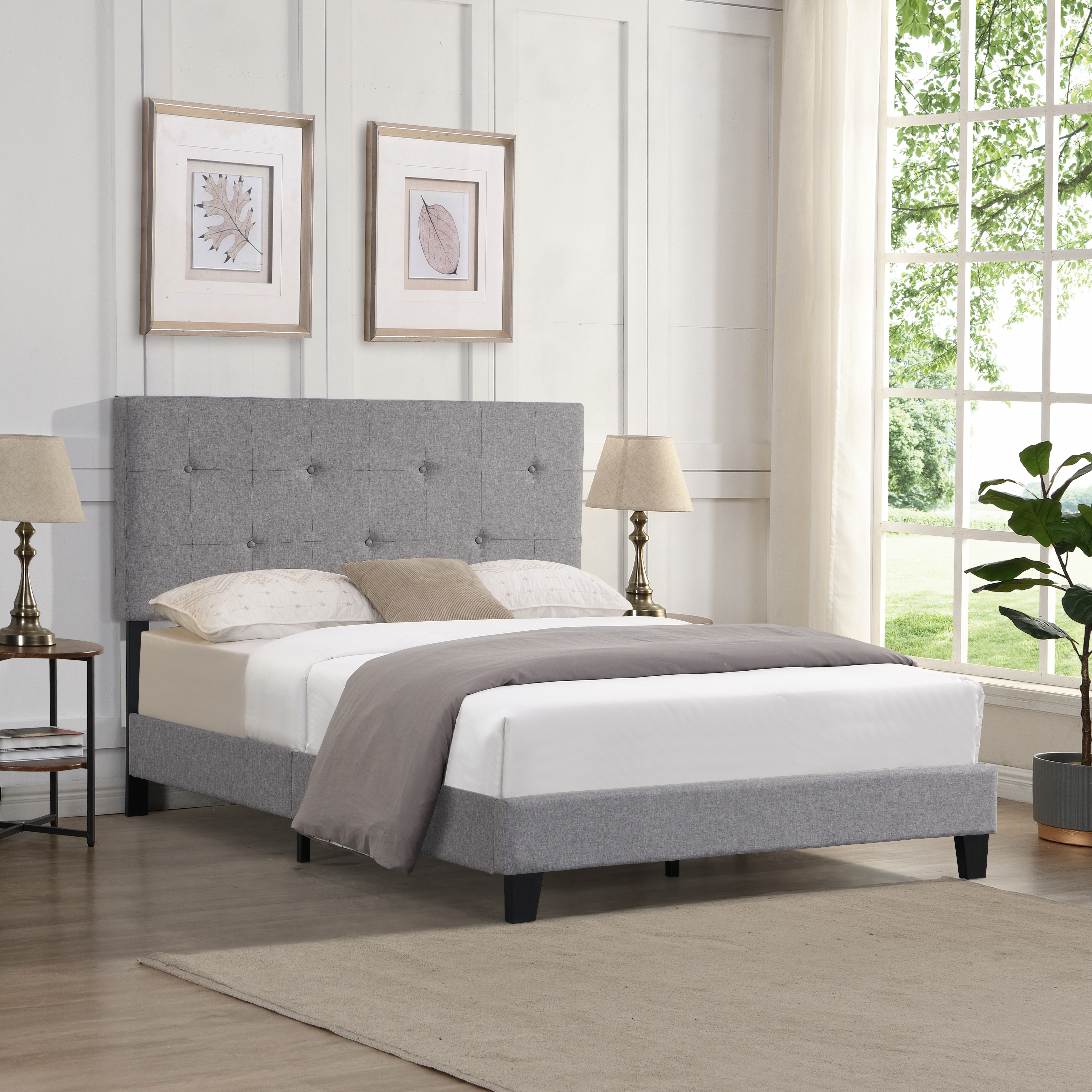 Full Size Upholstered Platform Bed Frame with Modern Button Tufted Linen Fabric Headboard, No Box Spring Needed, Wood Slat Support, Easy Assembly,  Grey-CASAINC