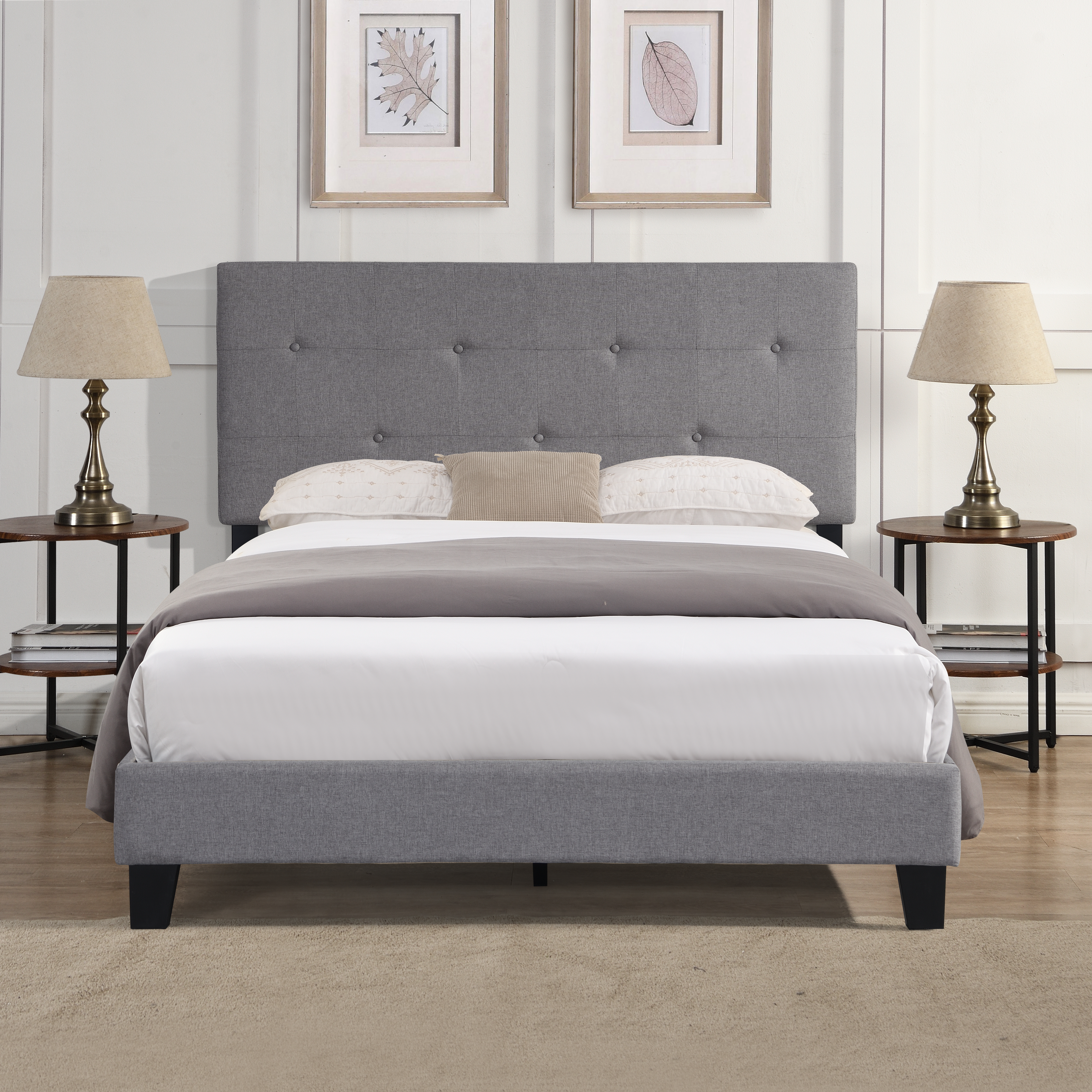Queen Size Upholstered Platform Bed Frame with Button Tufted Linen Fabric Headboard, No Box Spring Needed, Wood Slat Support, Easy Assembly,  Gray-CASAINC