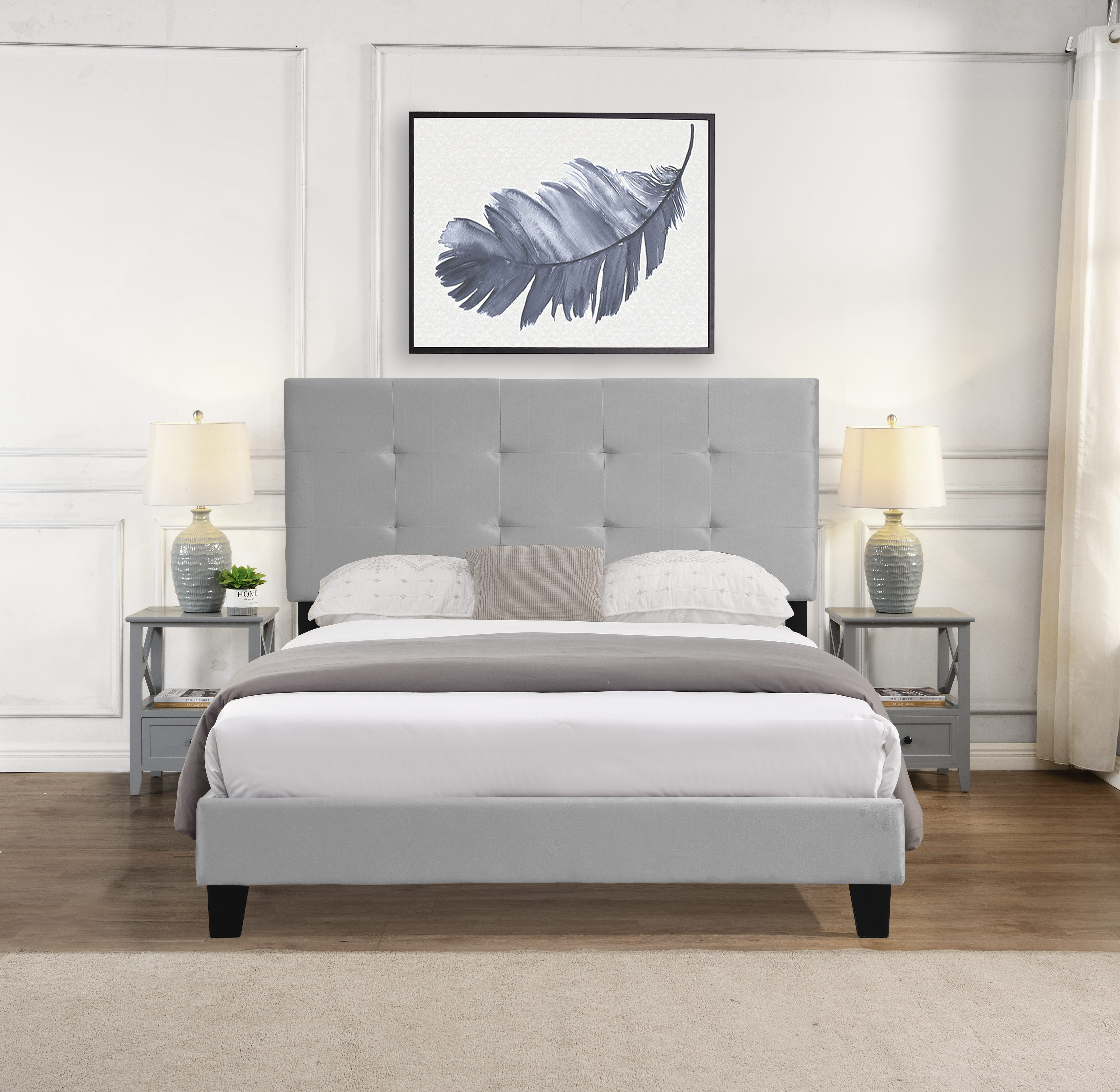 Queen Size Upholstered  Platform Bed Frame with  pull point Tufted Headboard, Strong Wood Slat Support, Mattress Foundation, No Box Spring Needed, Easy Assembly, Gray-Boyel Living